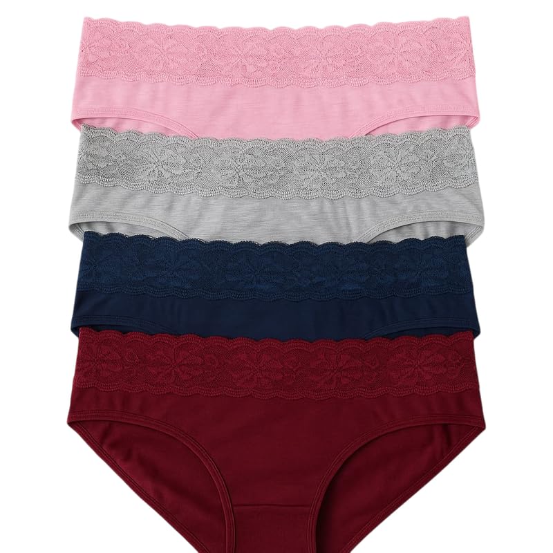 Women's High-Waist Cotton Panties with Floral Lace Trim – Size M Pack of 4(Pink,Black,Blue, Maroon) – Soft, Breathable Underwear-picture-10