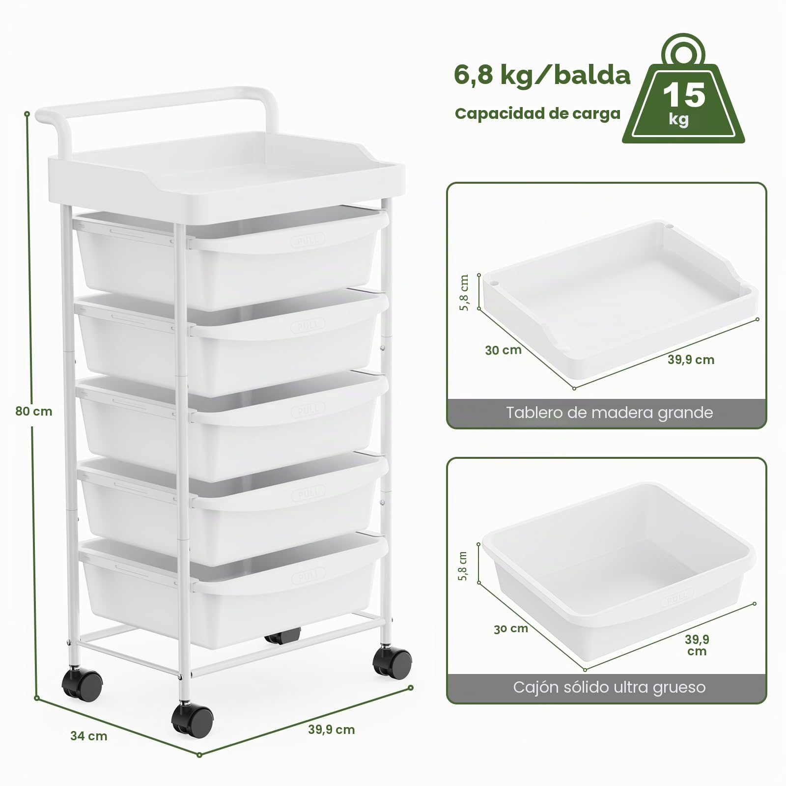Carrito Auxiliar de 5 Cajones con Ruedas y Cajones Estetica Ahorro de Espacio Carro Organizador para Cocina Baño Dormitorio Oficina (Blanco)