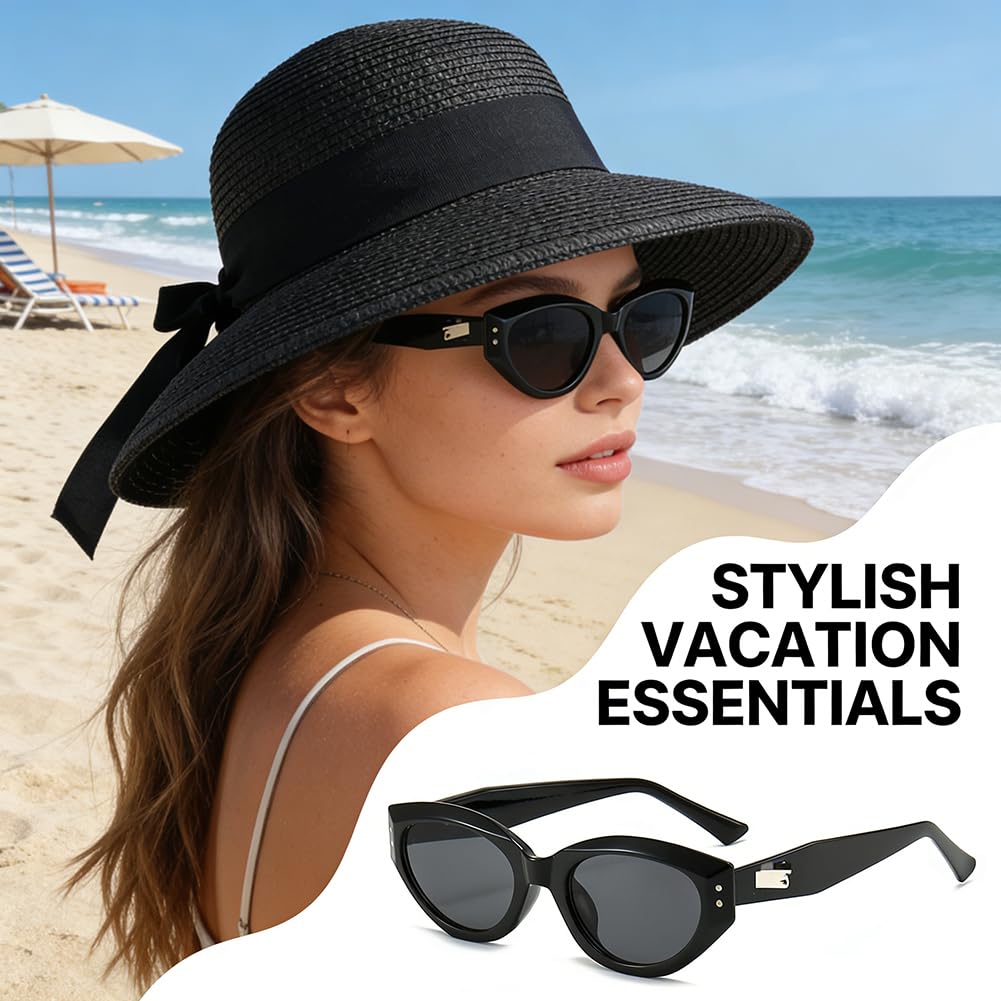 Sombreros de Sol para Mujeres Gafas de Sol UV400 para Viaje Verano Sombrero de Sol de Playa Plegable Sombrero de Paja de ala Ancha con Nudo, Negro