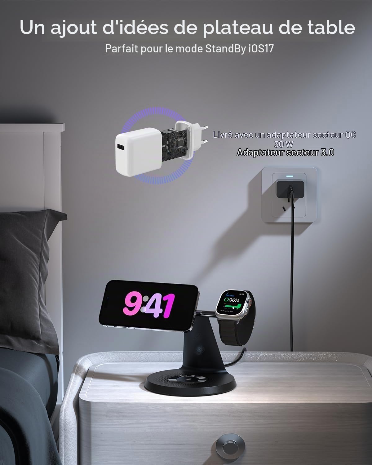 QTlier Station de Charge Apple 30W, Chargeur Induction 3 en 1 Magnétique, Chargeur sans Fil Mag-Safe Compatible avec iPhone 16/15/14/13/12 Série, Apple Watch 8/7/6/5/4/3/2/SE et AirPods 3/2/Pro-Noir