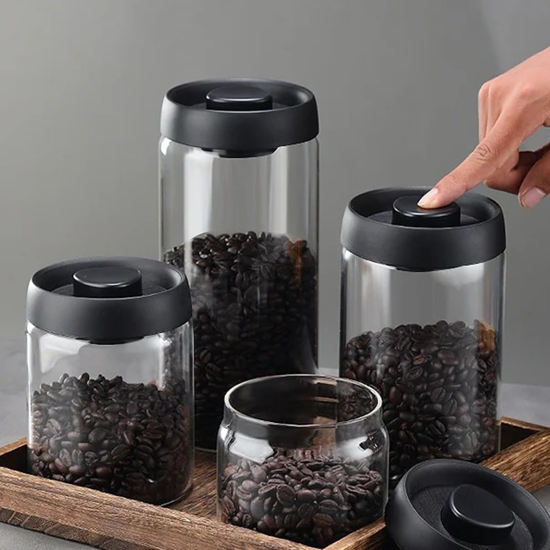 Vakuum Glasbehälter, luftdichte Kaffebohnen Dose | Borosilikatglas, transparent, 500ml 900ml 1200ml 1800ml, 1 Stück(Glod 1 -900ml)