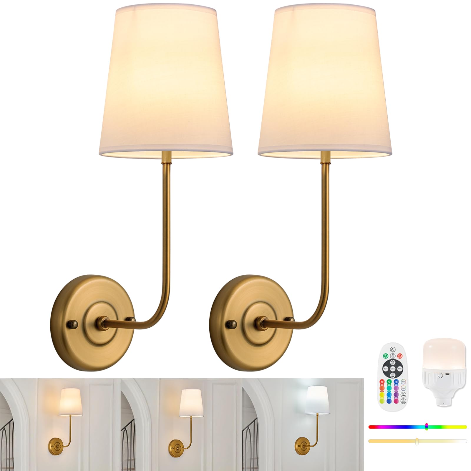 TERLEENART Set of 2 Battery Operated Wall Sconce with Remote Control and White Fabric Shade,15 Colors Dimmable 5200mAh Rechargeable Cordless Wall Lamp for Living Room Bedroom Hallway,2 Bulbs Included