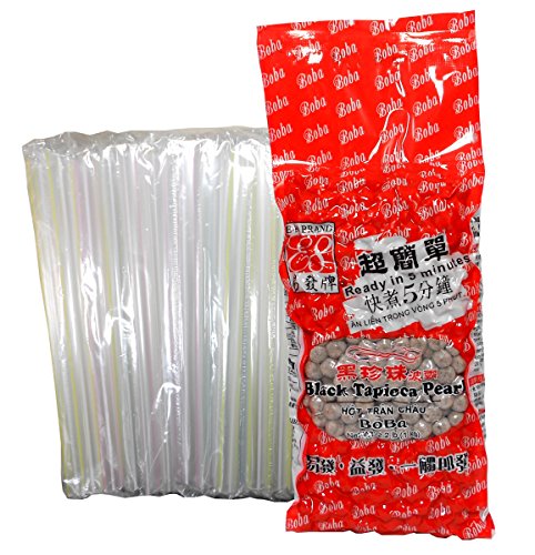 E-Fa Black Boba Tapioca Pearls Bubble Tea 2.2 lbs and 50 Boba Individually Wrapped Straws