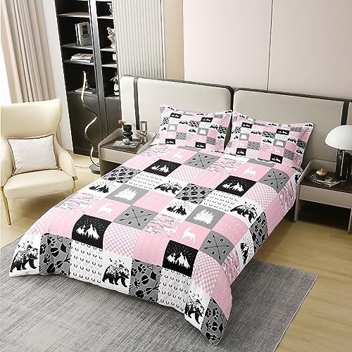 Rustic Camping 100% Cotton Duvet Cover King,Hunting Bear Deer Comforter Cover for Girls Boys,Buffalo Plaid Patchwork Bedding Set,Lodge Woodland Farmhouse Bedspread Cover,Pink Black Grey - Image 3