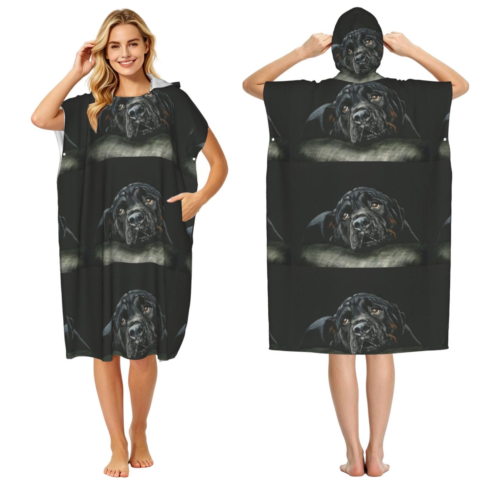 Poadnly Rottweiler Dog, Adult Hooded Beach Towel 90 x 110 cm,Changing Bath Robe, Surf Poncho Towel For Women Men