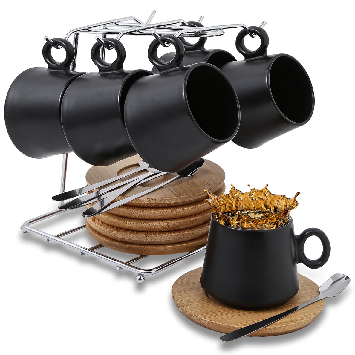 3oz Espresso Cup and Saucer Set of 6 With Holder Spoon Porcelain Expresso Cup Demitasse Cup Set for Espresso Cappuccino Latte Tea Turkish, Black Coffee Cups Small