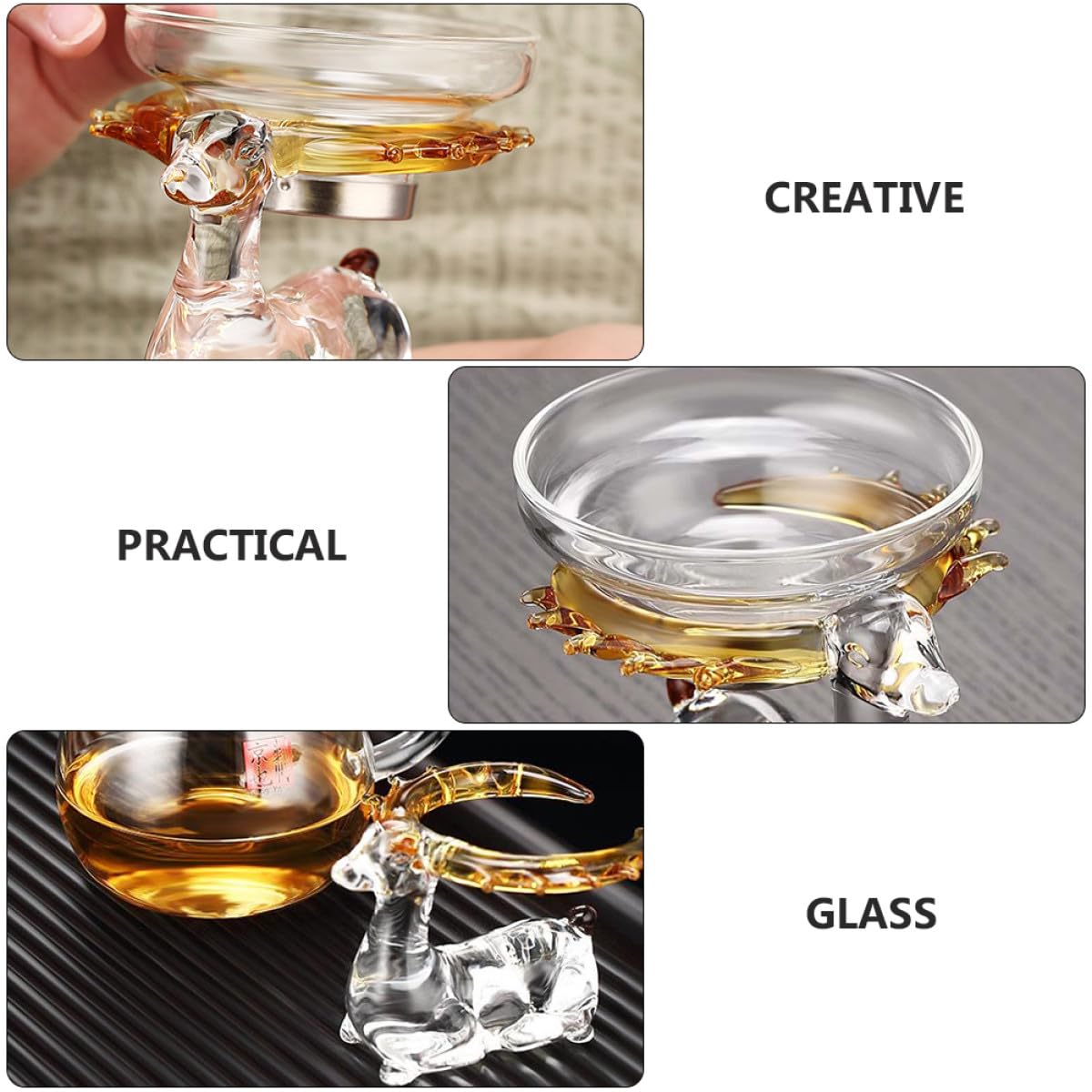 SECFOU Infusor de Té de Cristal Transparente en Forma de Ciervo, Colador de Malla Fina para Filtro de Residuos, Accesorio para Infusiones Caseras, Filtro Práctico para Té Gongfu, 1
