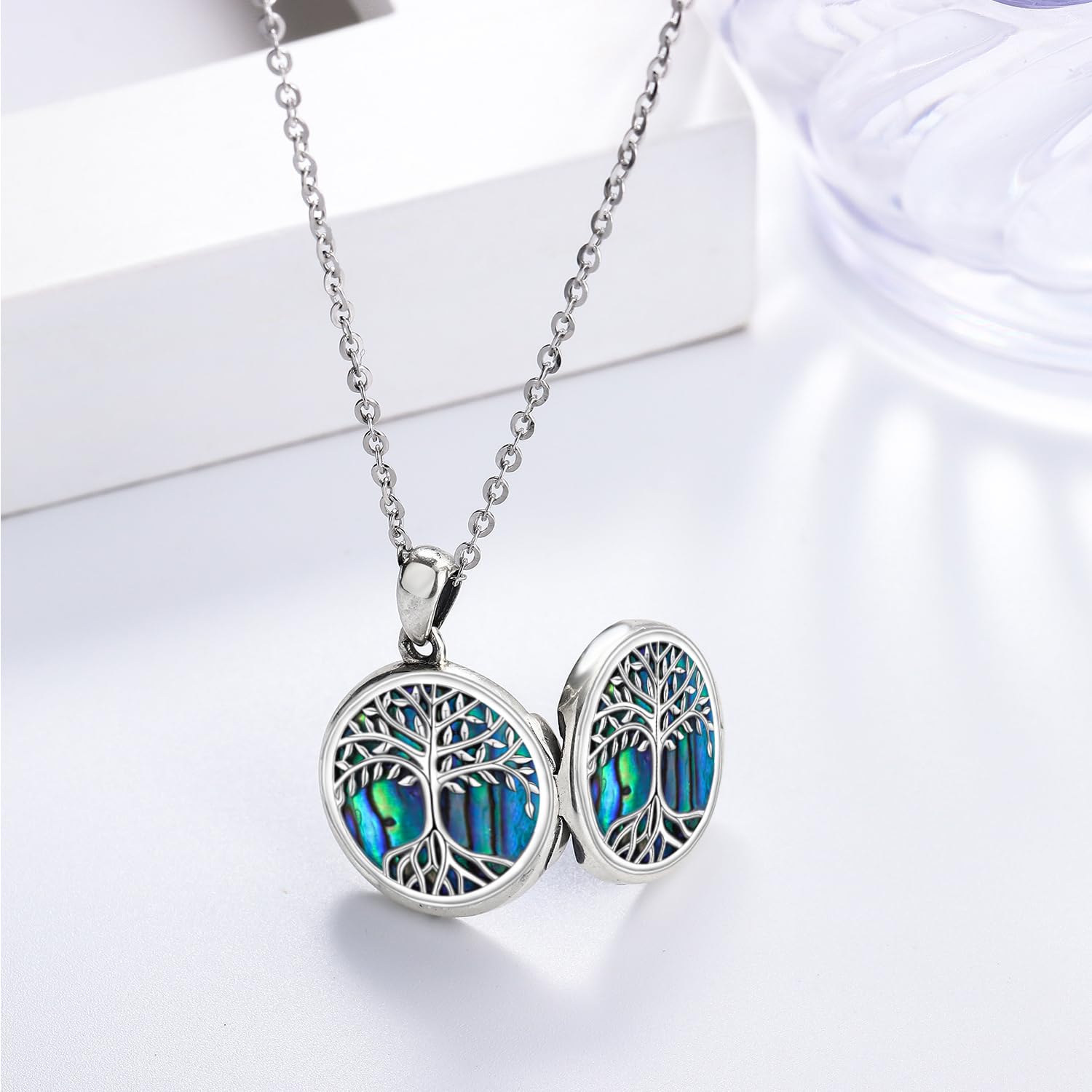 Medaglione albero della vita Medaglione a cuore per donna Ciondolo conchiglia di abalone Medaglione con 2 foto Collana per donna Collana con nodo celtico Fiore della vita