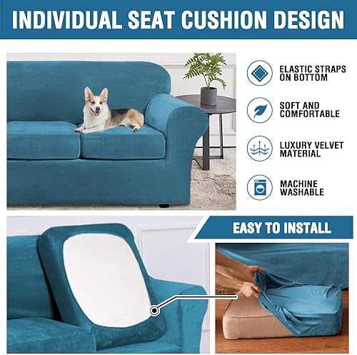 Miniatura 6 de H.VERSAILTEX Funda de sofá elástica, 3 piezas, de suave terciopelo real, para sofá biplaza con 2 cojines para sentarse de hasta 72 pulgadas de