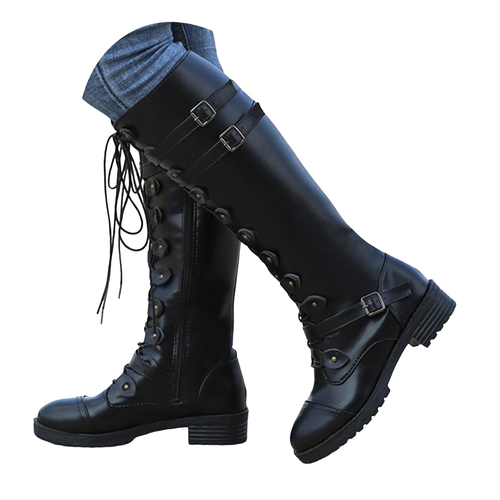 Knee High Riding Boots for Women 2025 Lace Up Black Faux Leather Buckle Belts Round Toe Low Block