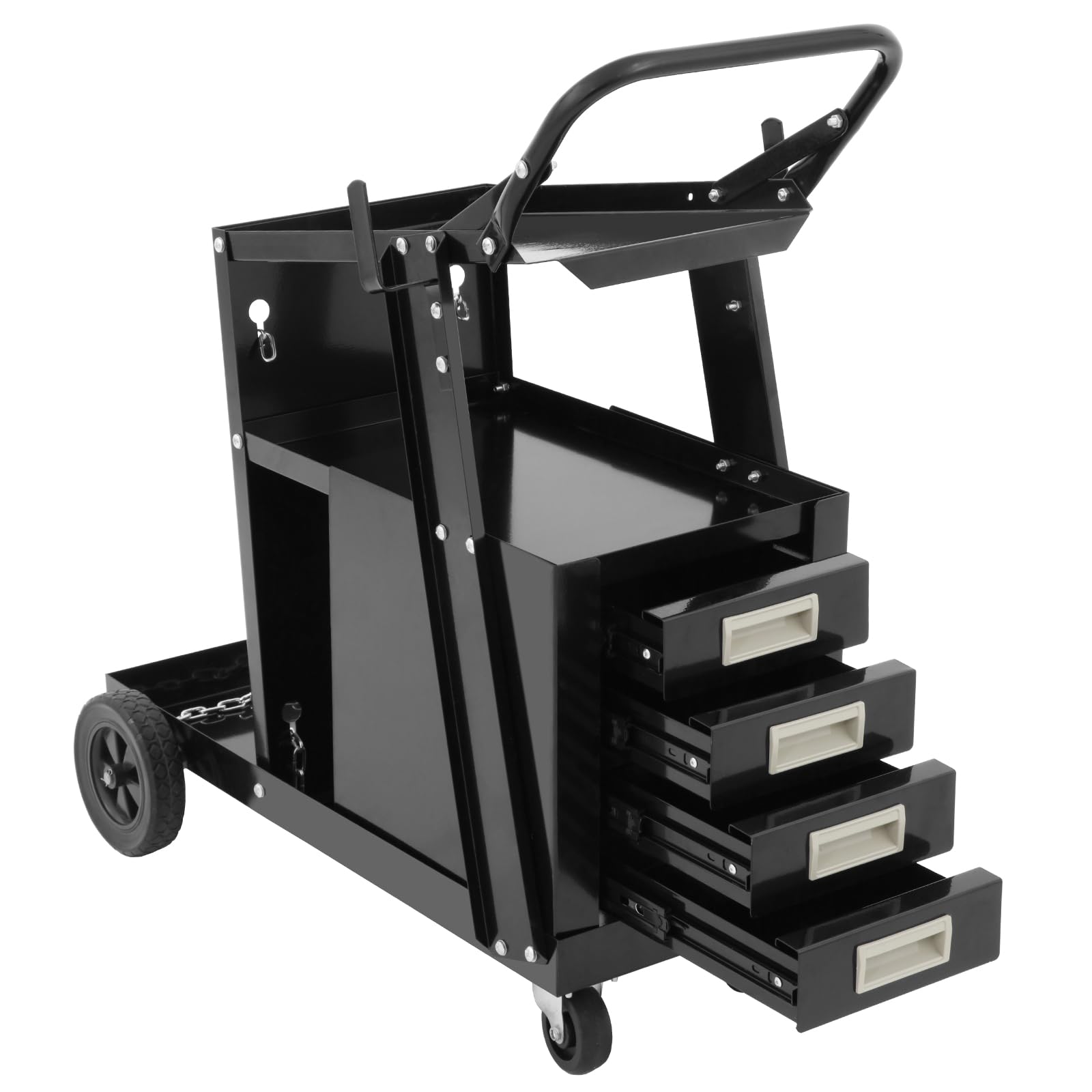 Schweißwagen 2 Ablageflächen mit 4 Schubladen – Max 111 kg, 2 Gasflaschenhalter mit Sicherheitsketten, 360°-Lenkrollen, Ideal für MIG/MAG, Wig und Elektrodenschweißen