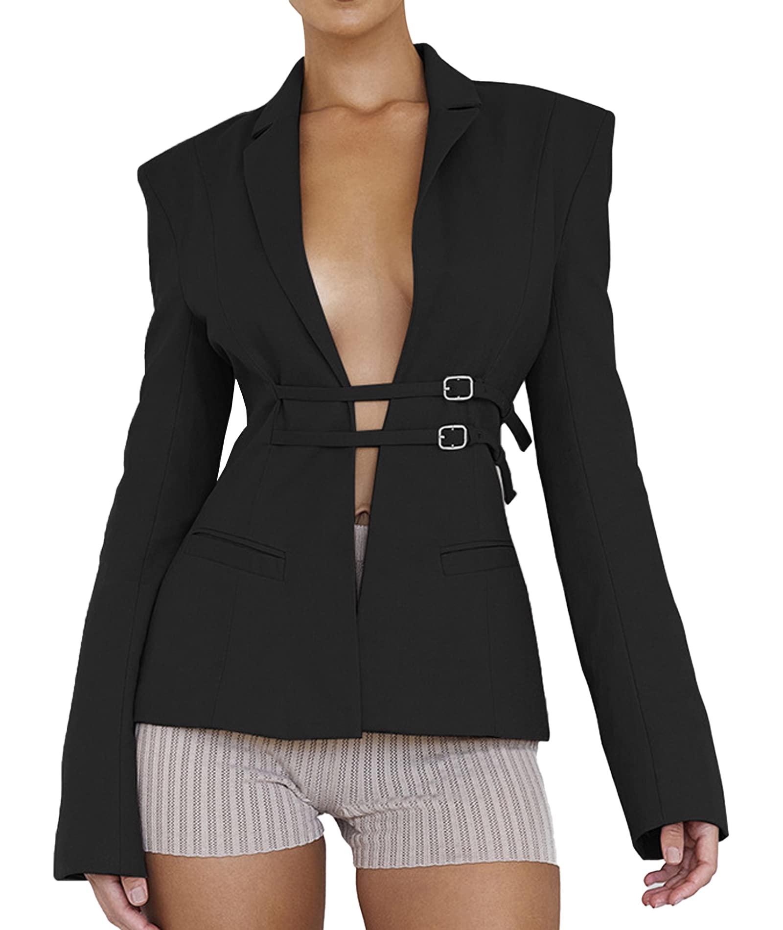 xxxiticat Womens Buckle Belt Blazer Coat Long Sleeve Lapel Collar Low Cut Padded Shoulder Front Open Cardigan Jacket