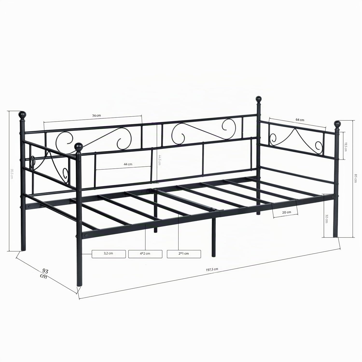 Divano Letto 90x190cm, Struttura Letto Singola in Metallo, Spazio per Riporre gli Oggetti Sotto Il Letto, Letto Singolo, Adatto Per Soggiorno, Camera da Letto o Balcone, Nero