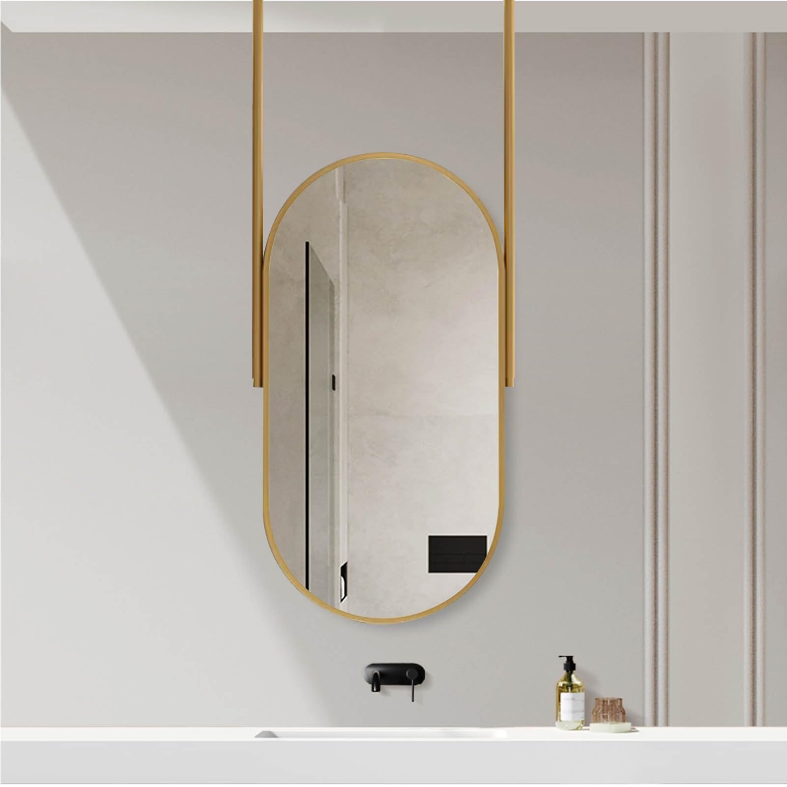 Miroir suspendu pour salle de bain anti-humidité avec cadre en fer robuste ovale