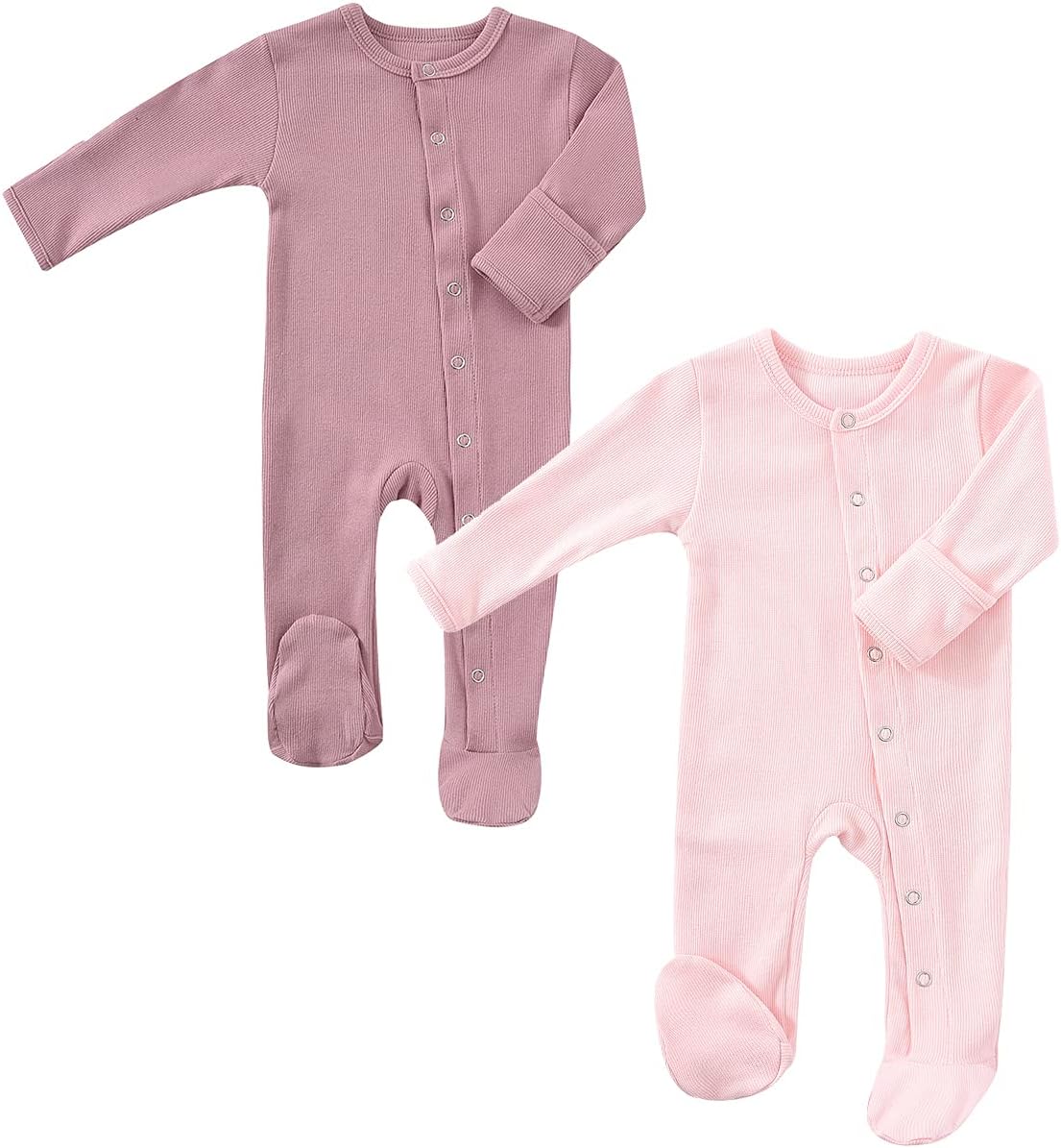 KISBINI Baby Footed Pajamas with Mitten Cuffs Unisex Cotton Snap-up Romper Jumpsuit Sleep and Play 0-12 Months Footies