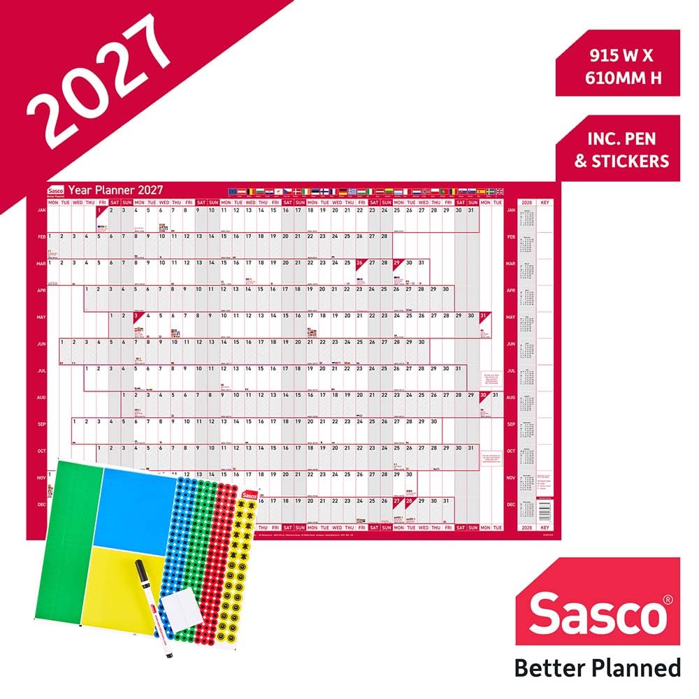 Sasco 2027 EU Year Wall Planner with wet wipe pen & pack of 378 stickesr, Red, Board Mounted, 915mmW x 610mmH