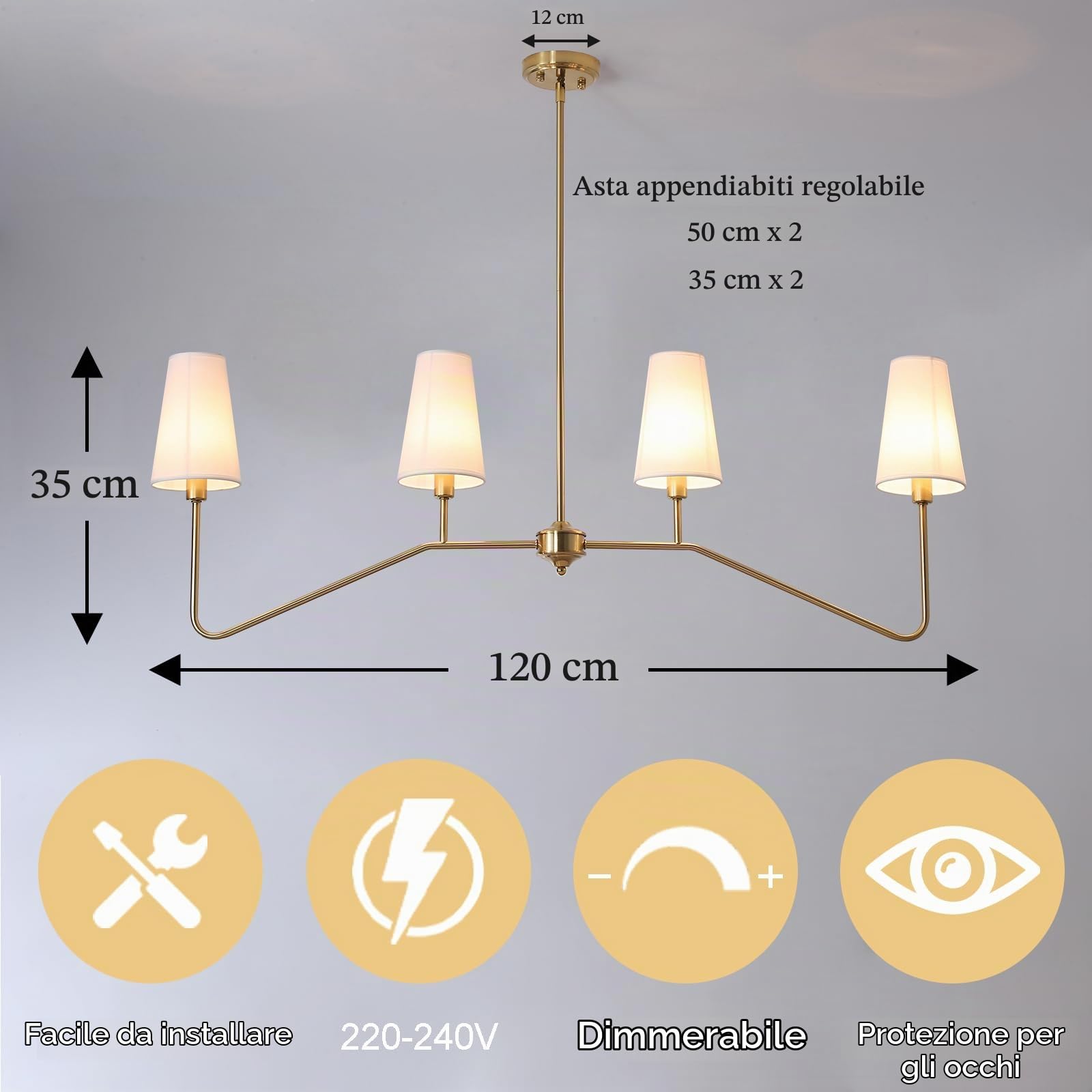 Lampadario Cucina,120Cm Oro Lampadari Camera Da Letto Classic Lineare A 4 Luci Lamp Soggiorno Con Paralume Bianco E14 A Sospensione Per Cameretta