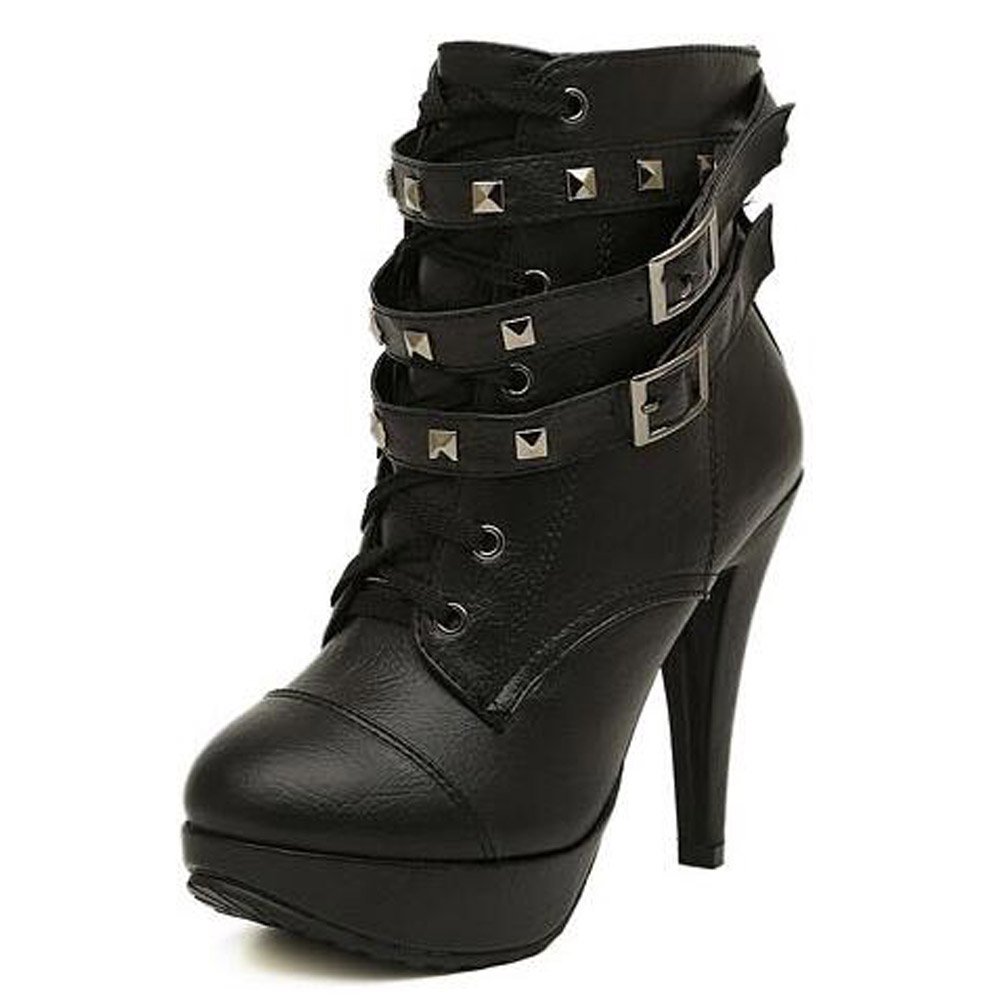 ROSEUNION Womens Ladies Punk Style Stiletto High Heel Platform Lace Up Ankle Boots Biker Boots Black