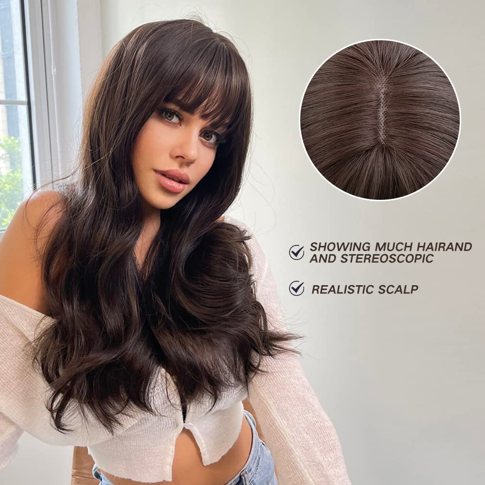OUFEI Dark Brown 24 Inches Wigs With Bangs Synthetic Heat Resistant Fiber Natural Long Wave Wigs for Women Daily Party Use - Image 2