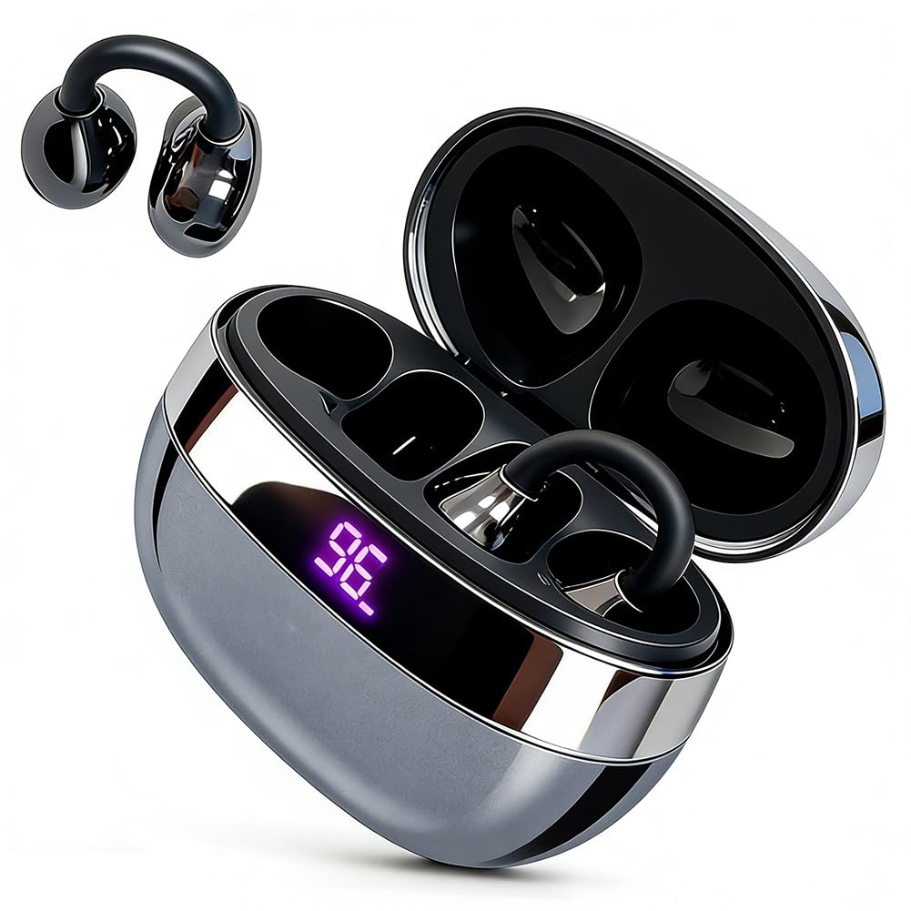 Caijin Cuffie a Clip Open-Ear Bluetooth Wireless,Bluetooth 6.0,60h Autonomia,Indolori da Indossare,Sport, Ufficio & Fitness,Nero