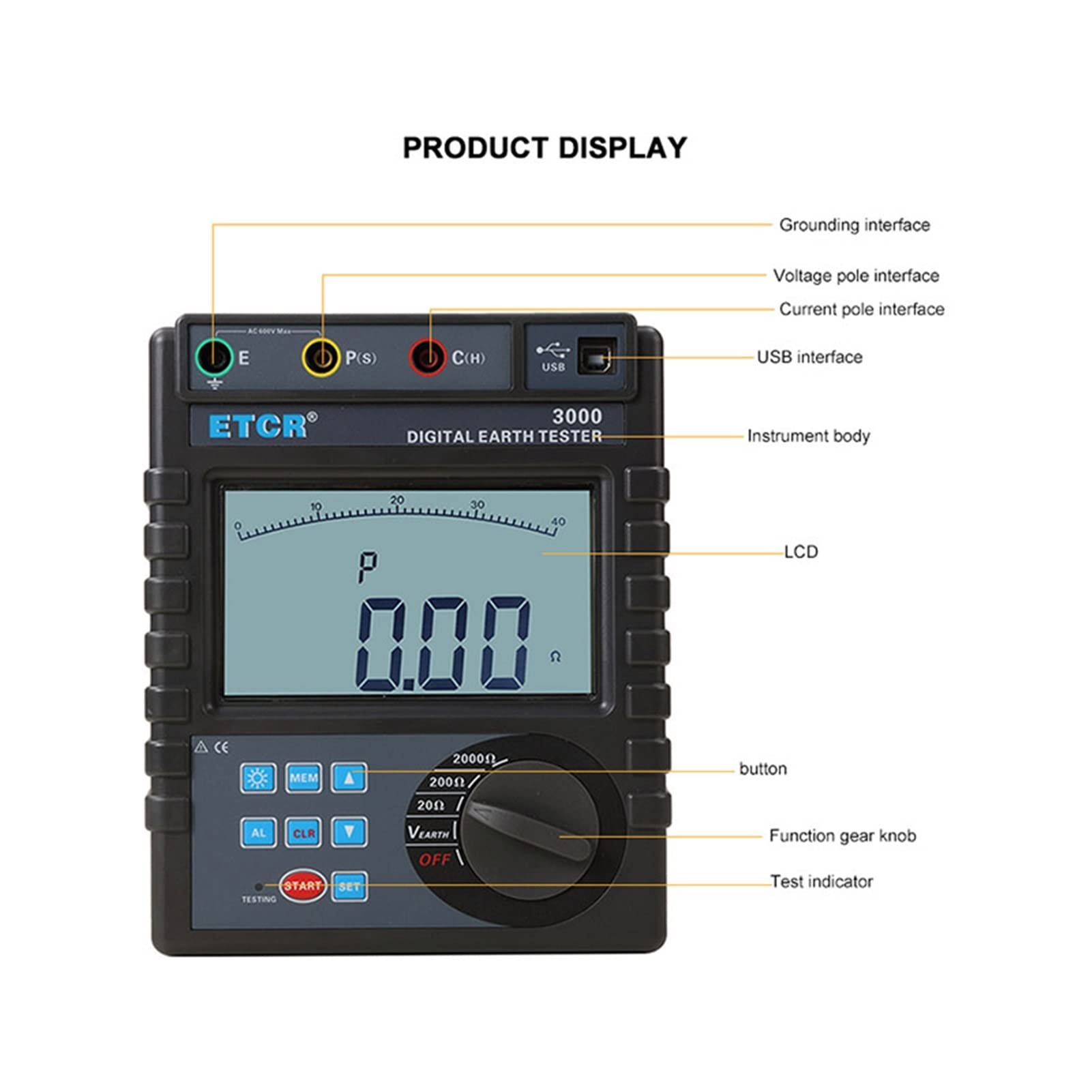 ETCR3000 Montage numérique Multimètre 0,01 ohm ~ 2000 ohm Tester électrique de discours de résistance de terre numérique de 2000 ohm