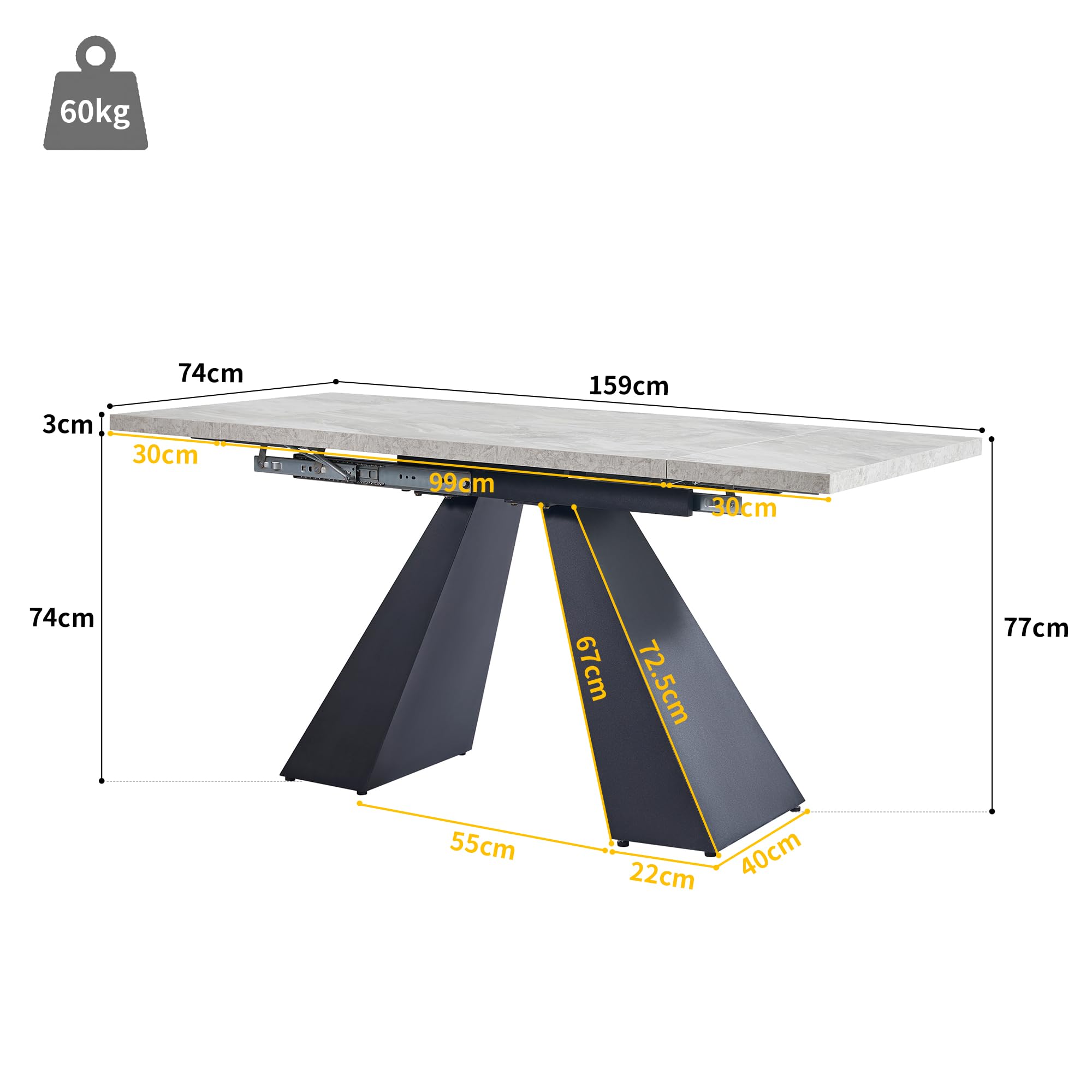 Tavolo da pranzo telescopico in stile moderno, tavolo rettangolare – allungabile da 99 cm a 159 cm, gambe in acciaio al carbonio extra forti – 99 x 74 cm (grigio + nero)