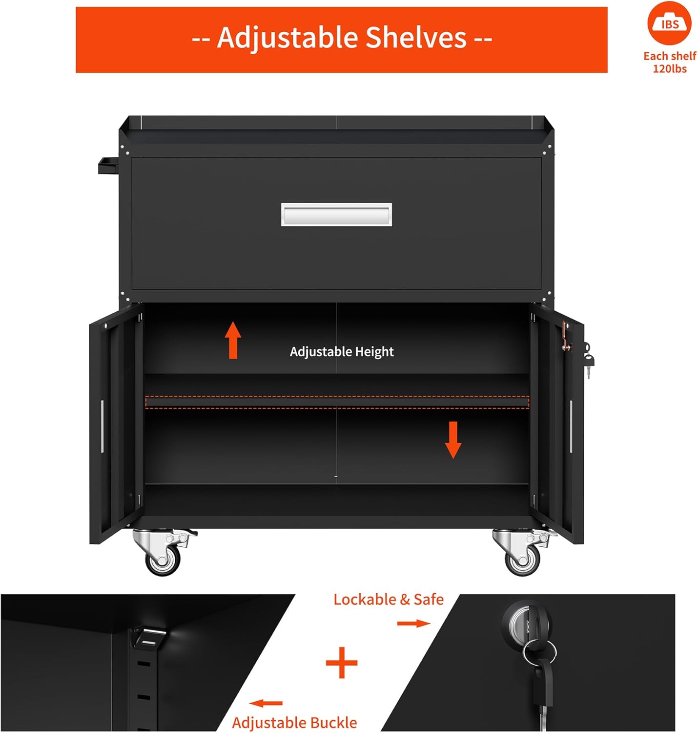 Washsemba Metal Garage Storage Cabinet with Wheels ，Rolling Toolbox with Lockable Drawer, Utility Cabinet for Home, Office, Garage and Workshop (Black)