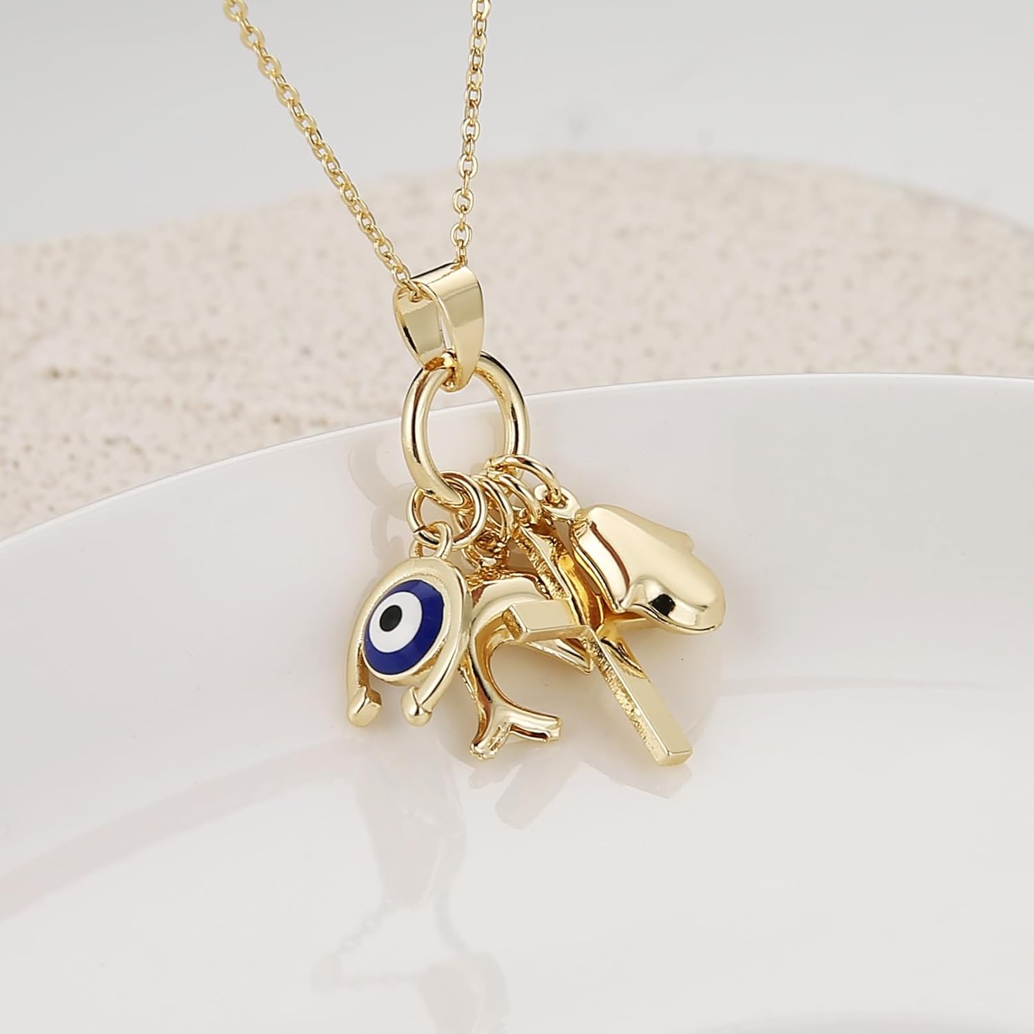 HZMAN Evil Eye Hamsa Cross Necklace for Women, Gold Brass CZ Pendant, Religious Gifts for Christian Catholic - Image 5