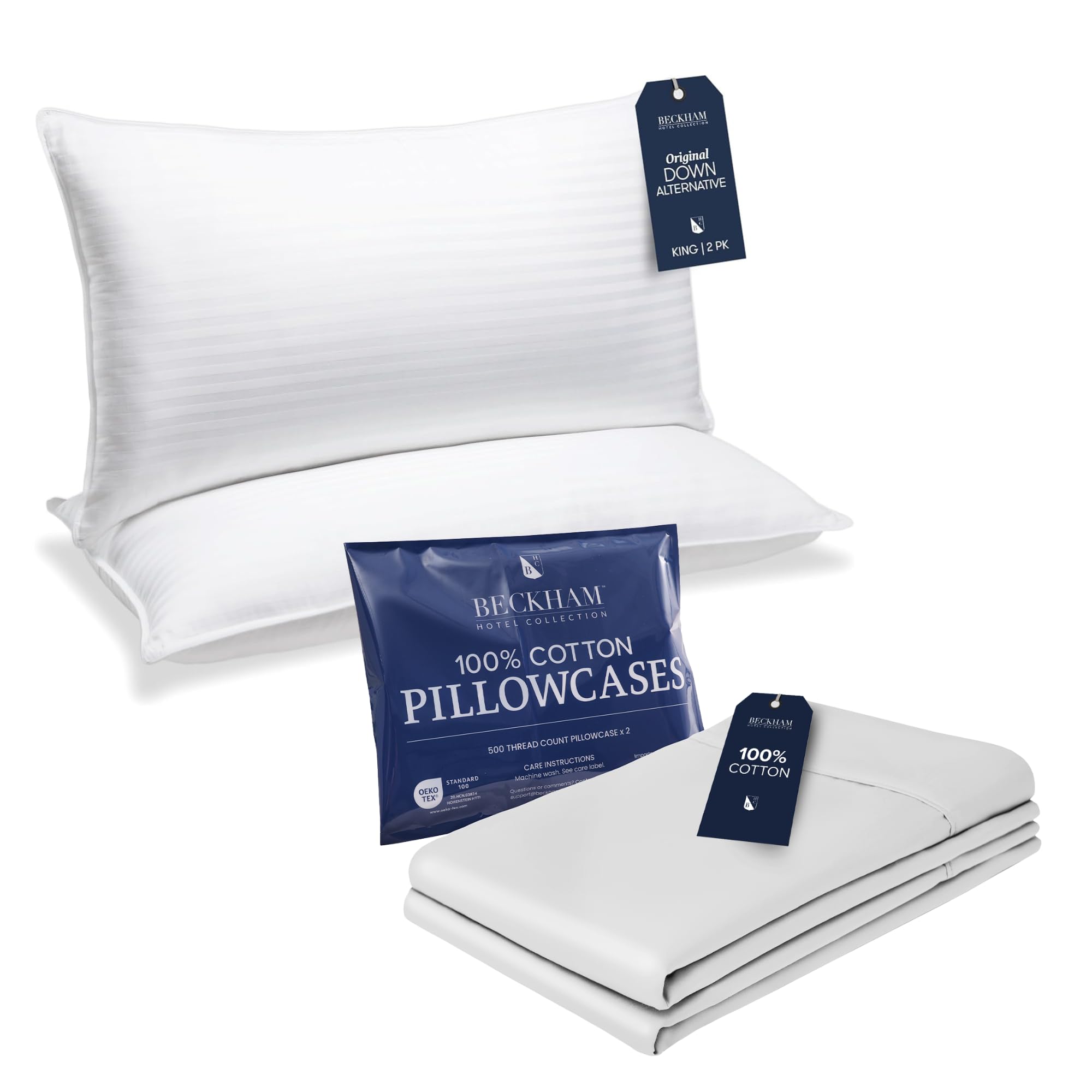 Beckham Hotel Collection Bed Pillows with Cotton Pillowcases King Size Sets of 2, Soft Down Alternative Pillows for Sleeping, Open End Cases for Easy Changing, White
