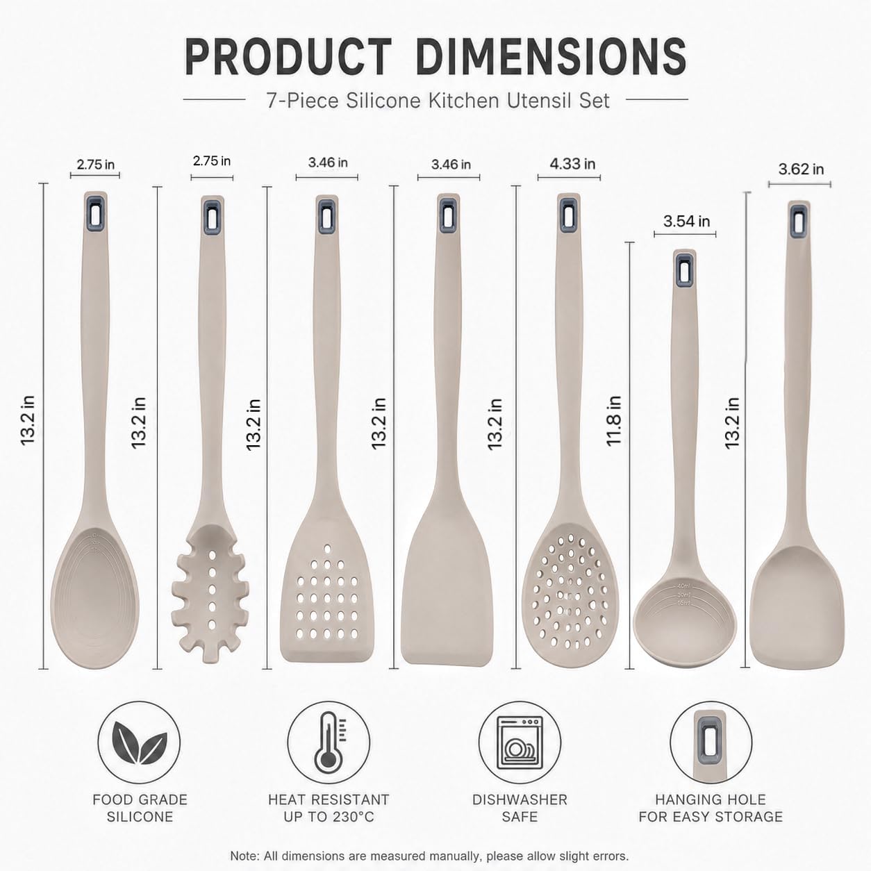 KSENDALO 7 Pack Khaki Silicone Cooking Utensils Set, One-Piece Design Spatula & Slotted Soup Ladle, Heat Resistant BPA Free Kitchen Serving Tools, Dishwasher Safe