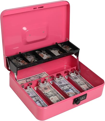 Miniatura 13 de Decaller Caja grande voladiza con cerradura de combinación, caja de dinero de metal con 5 compartimentos para monedas y 4 clips para billetes para