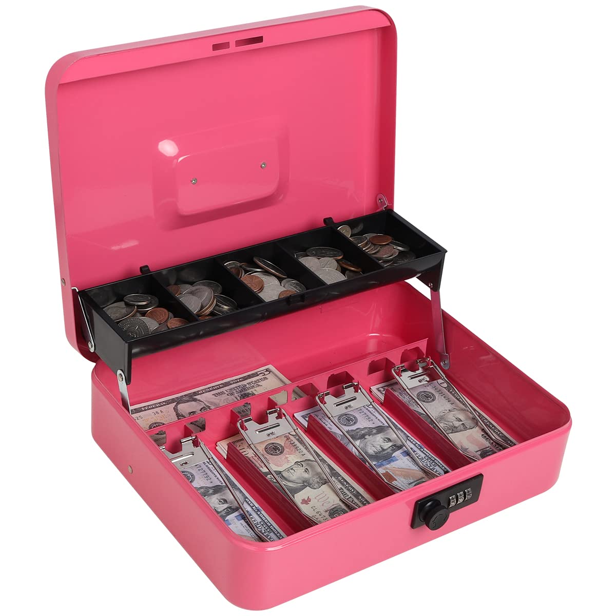 Decaller Cassetta portavalori a sbalzo in metallo con serratura a combinazione, grande salvadanaio – 5 scomparti con coperchio e 4 clip a molla per banconote, rosa, 11 4/5 "x 9 2/5" x 3 1/2"