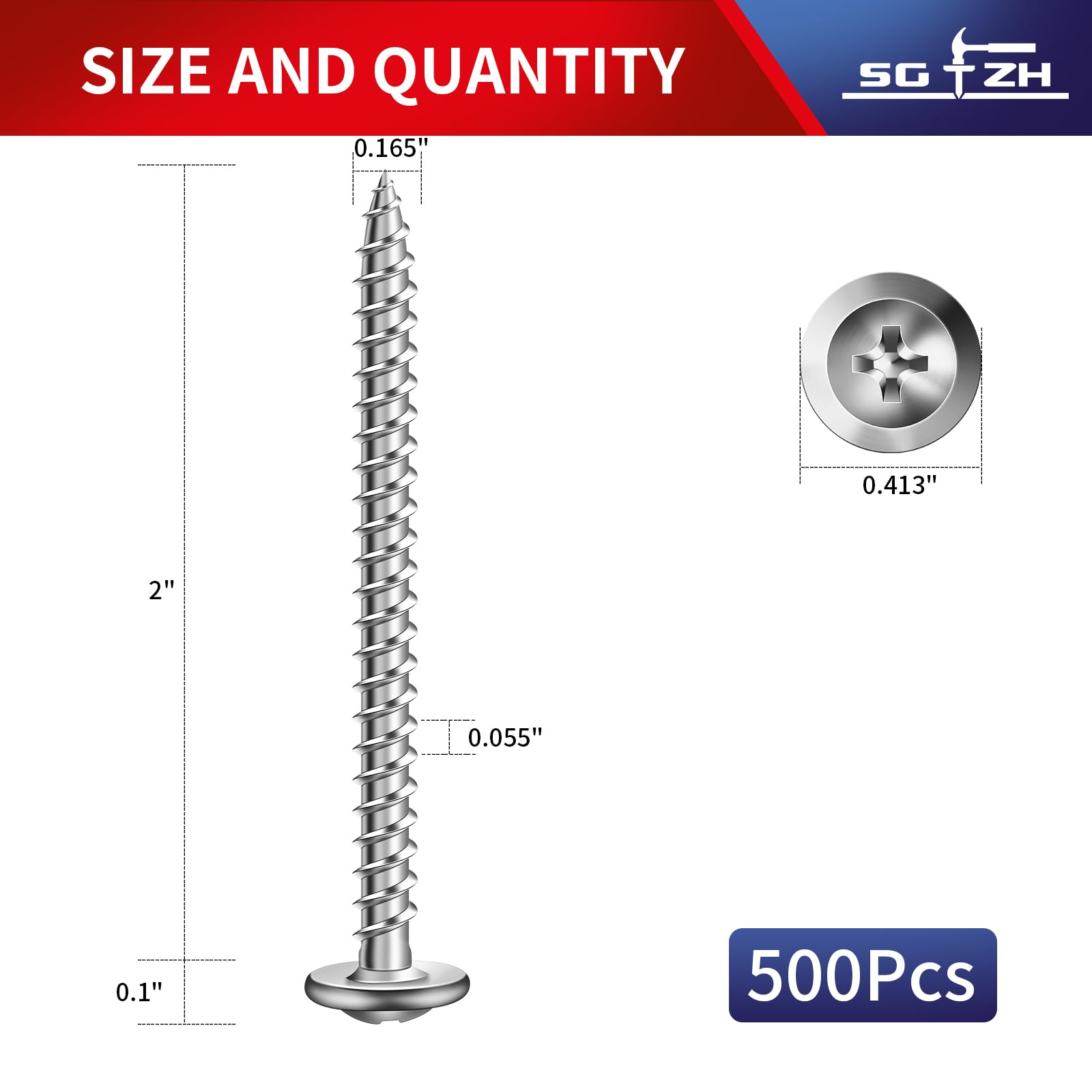 Tornillo de madera (500 unidades, acero inoxidable 410, rosca estándar, cabeza autoperforante rápida