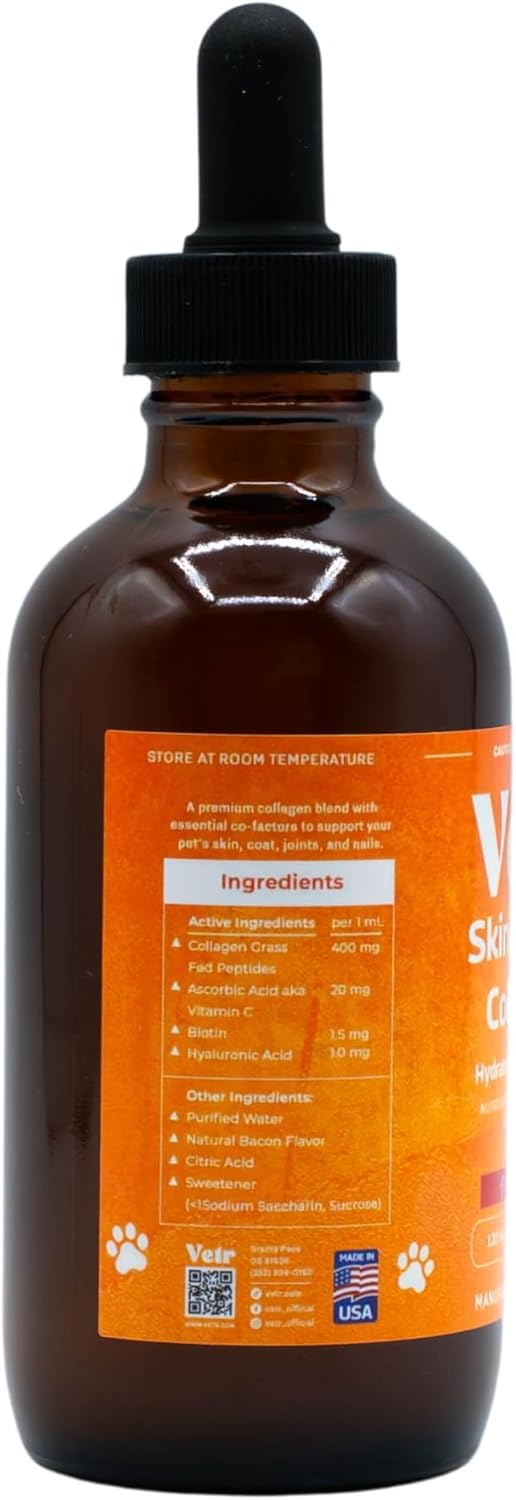 Vetr Skin & Coat Collagen for Dogs - Bacon Flavored Liquid Supplement - Supports Healthy Skin & Shiny Coat - 4 oz (120mL) - Vet-Formulated in USA