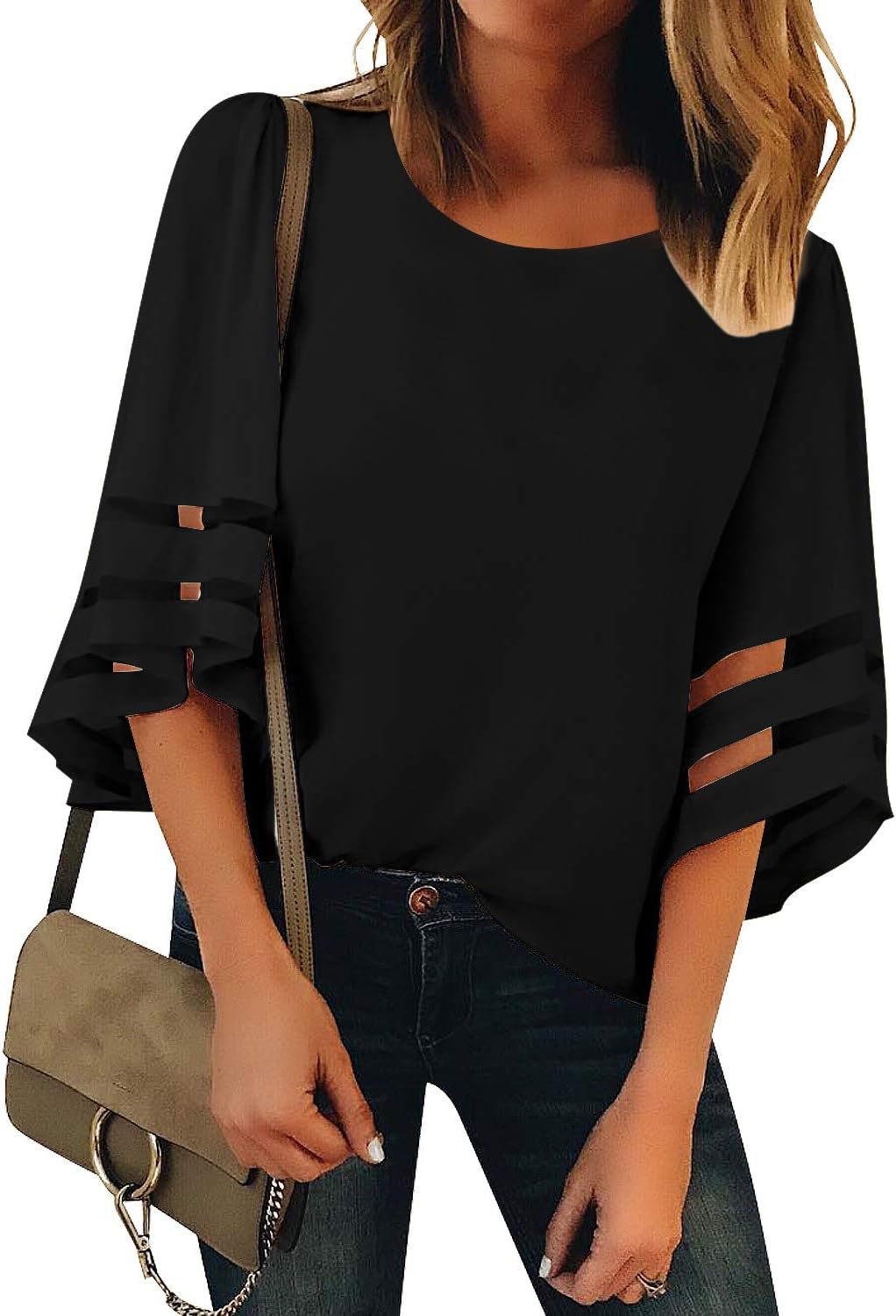 Luyeess Women's Casual Crew Neck Loose Mesh Panel Chiffon 3/4 Bell Sleeve Blouse Top Shirt Tee Solid Black, Size XL(16-18)