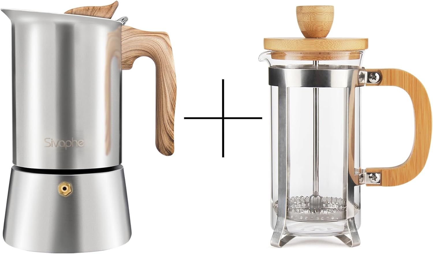 Sivaphe Moka Pot Stainless Steel 4 Cup and French Press Coffee/Tea Maker 12 oz with Bamboo Lid and Hand High Borosilicate Glass 1000ml Coffee Brewer Set