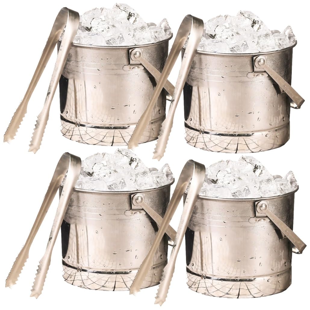 Cubo de hielo de acero inoxidable grueso de 1 L, paquete de 1, 2 y 4 unidades, for cubitos de hielo, cubo de hielo ligero con pinzas for barbacoas, picnics y bares en casa.(4Pcs)