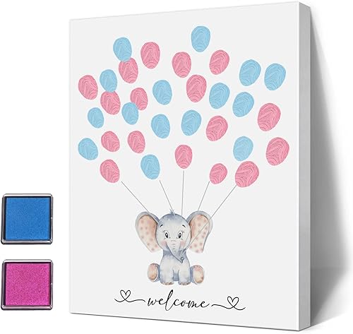Letrero de árbol de huellas dactilares para fiesta de revelación de género, tema de elefante, baby shower, libro de invitados de baby shower, libro