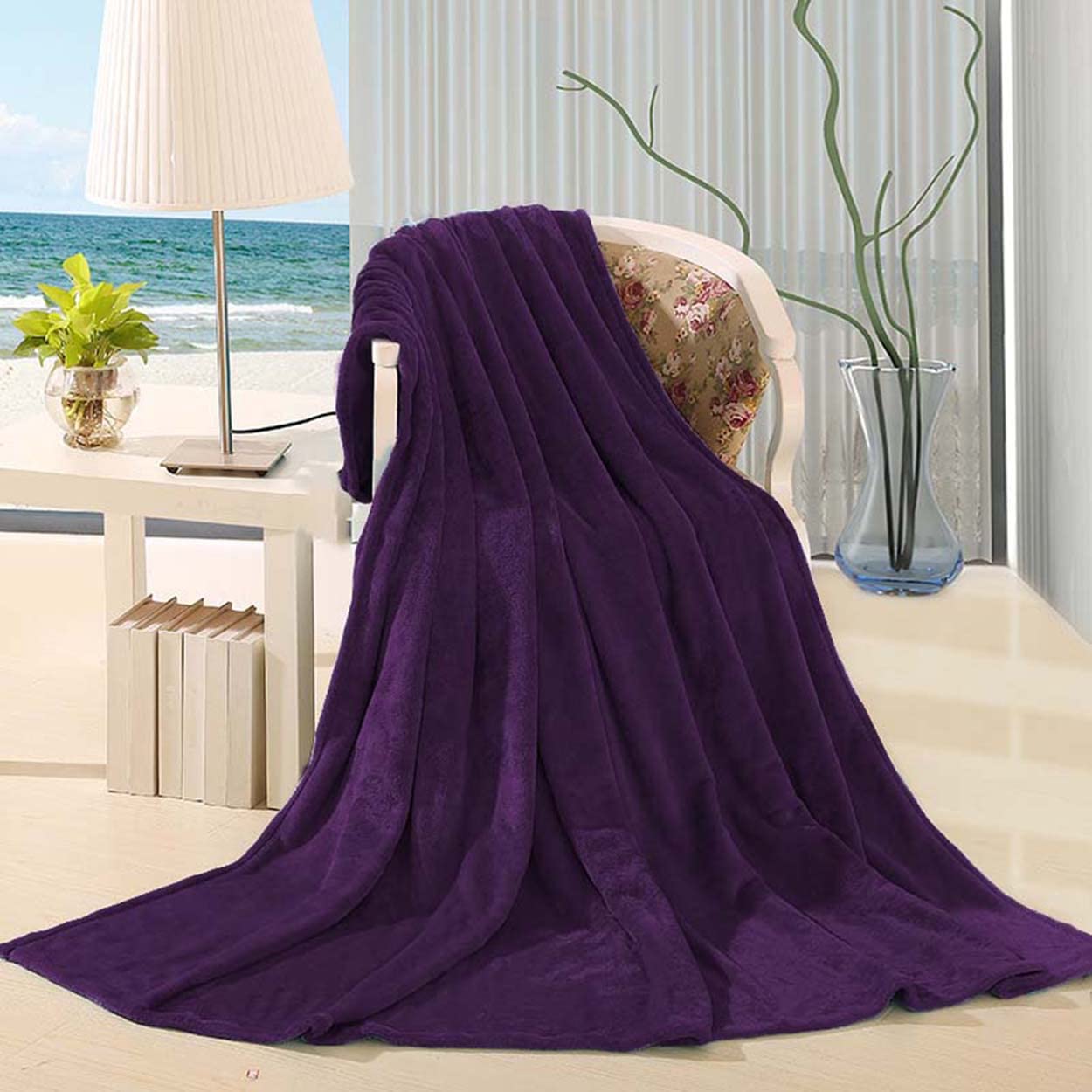 Manta de forro polar de coral ultra suave, manta mullida para sofá, manta cálida para casa, oficina, coche, cama, sofá de viaje (200 x 230 cm, morado oscuro)