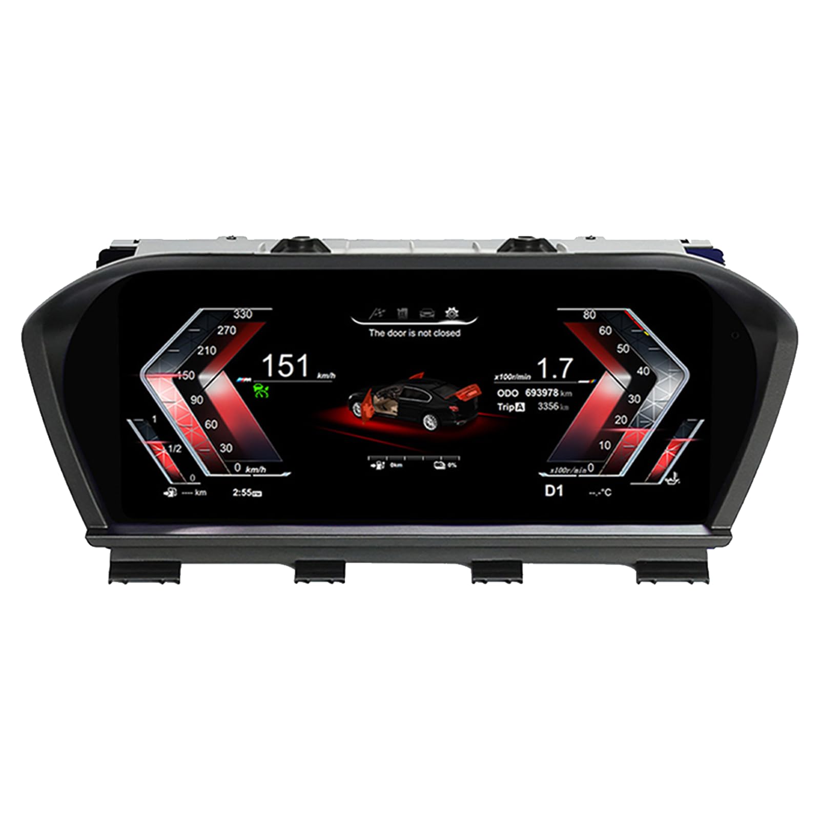 Digital dash display showing a quick startup time of 2 seconds from car ignition.