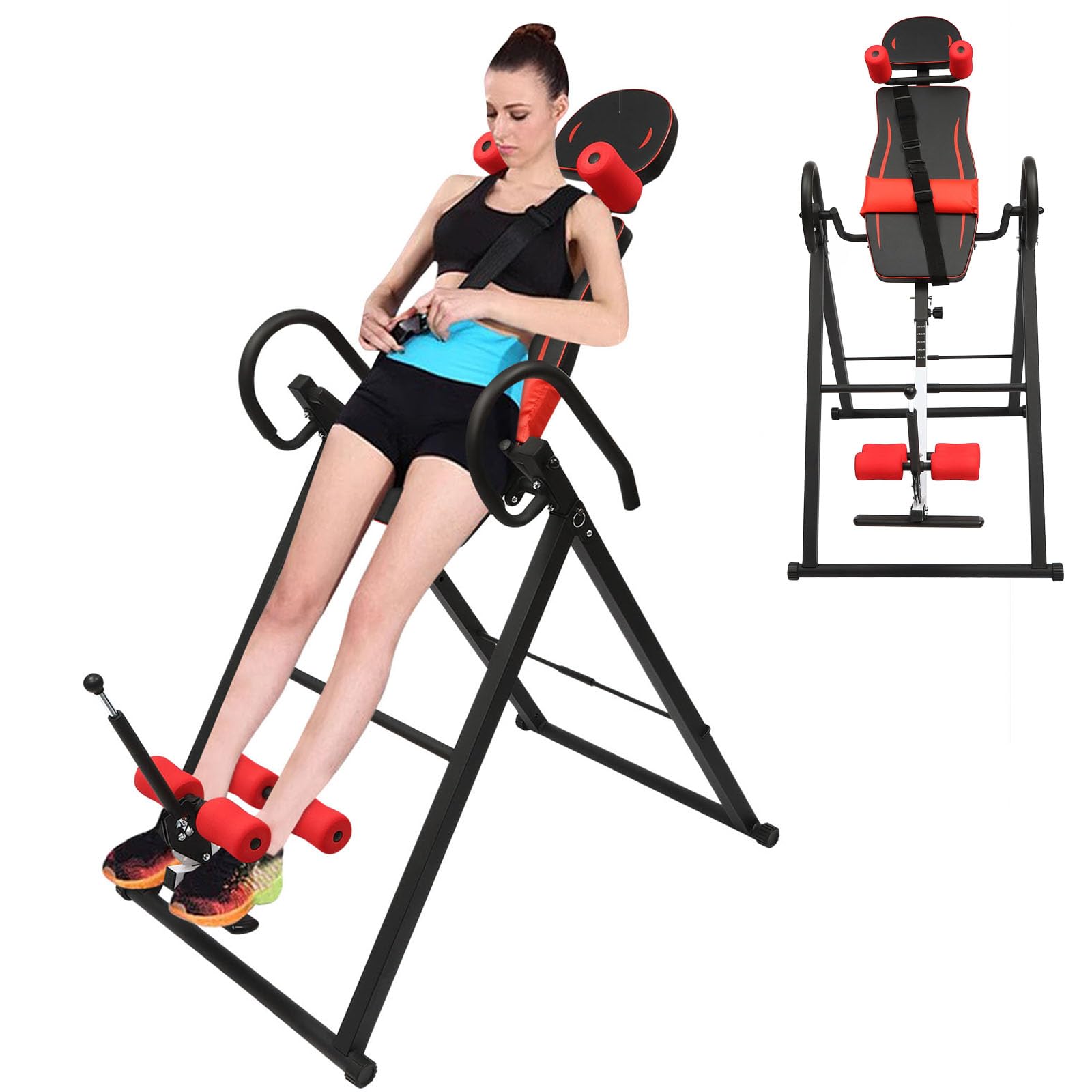 LYNICESHOP Inversion Table, Extended Ankle Lock Handle, Back Pain Relief Kit (Black Red)