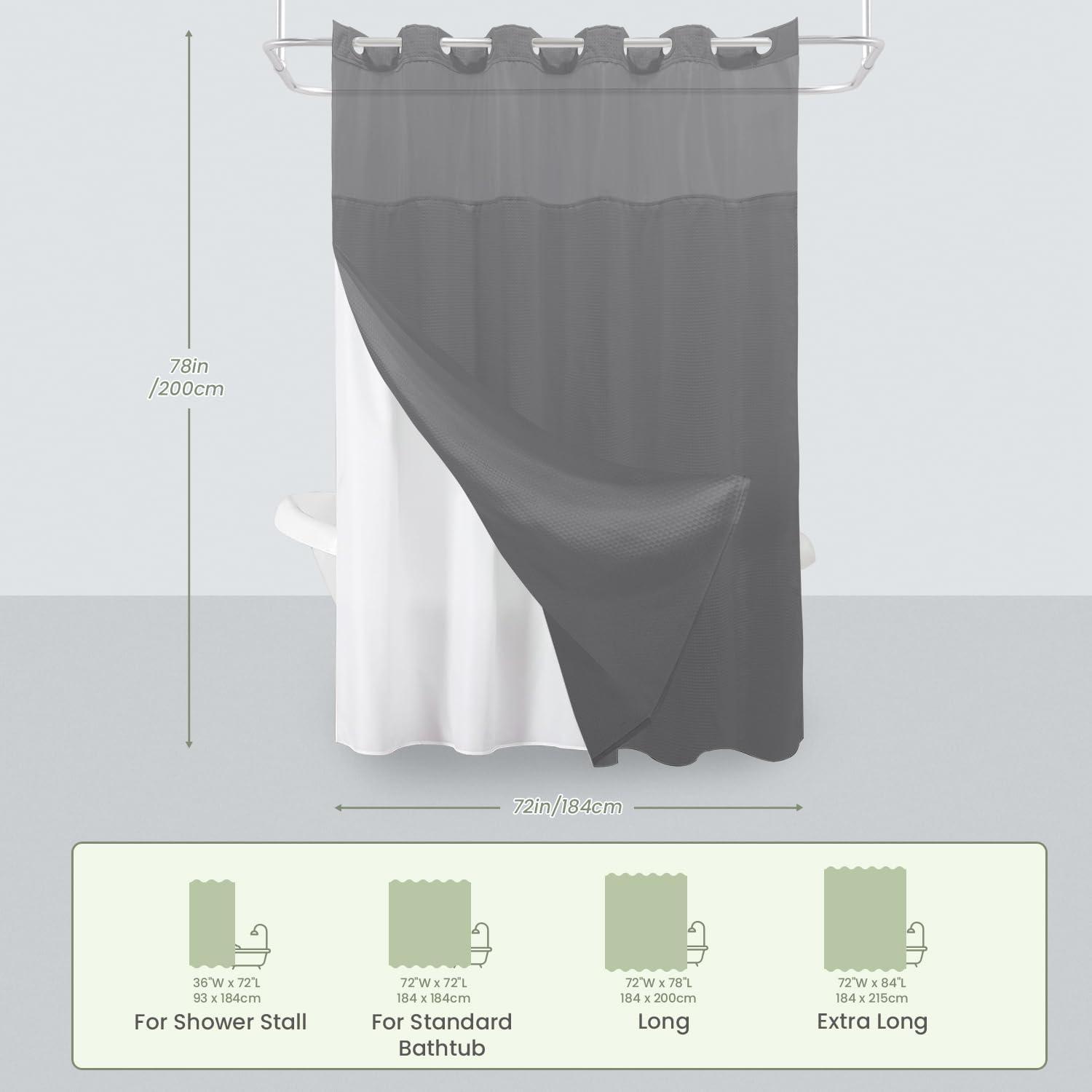 Inhousolu Long No Hook Shower Curtain with Snap in Fabric Liner Set Waffle Weave 230GSM Weighted Hem, Waterproof & Washable Bathroom Curtain Spa Luxury with Mesh Top Window 72" W x 78" L Grey