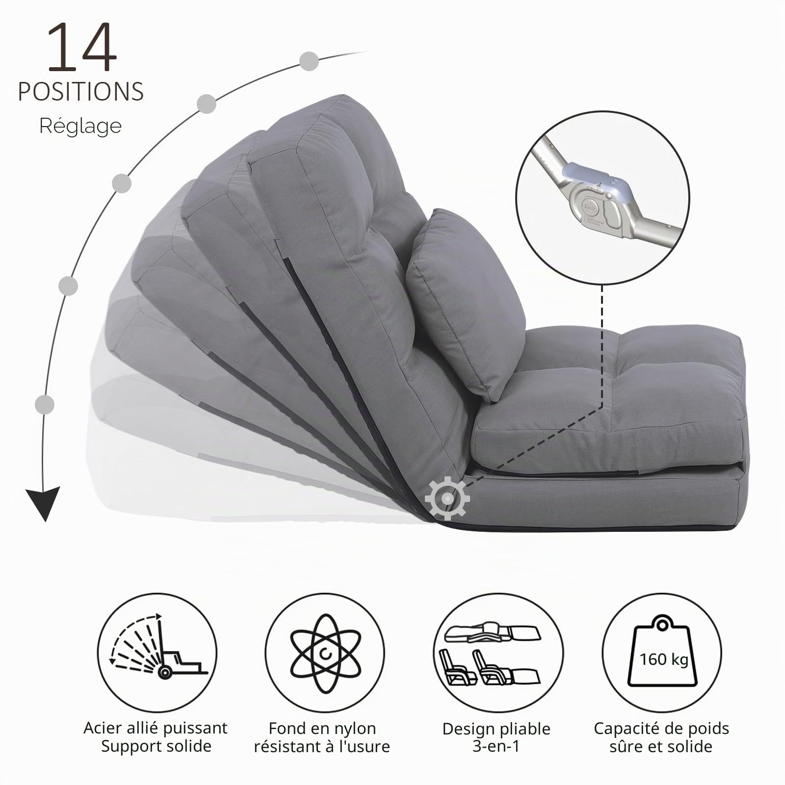 Fauteuil de Sol Réglable en 14 Positions, Chaise Paresseuse Avec Dossier, Pouvant Supporter Jusqu'à 160KG, Style Japonais