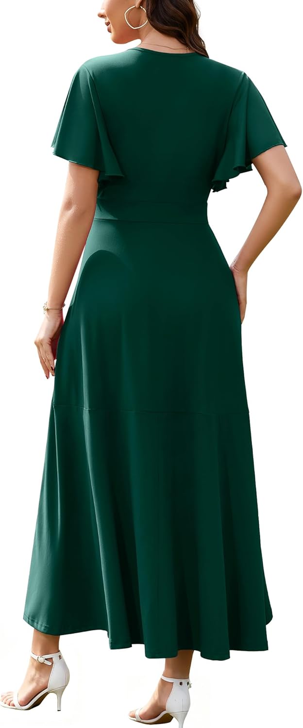 WEACZZY Women V Neck Ruffle Sleeve Maxi Dresses Split Elegant Wrap Ruffle Wedding Guest Dress Elegant Casual Dresses - Image 4