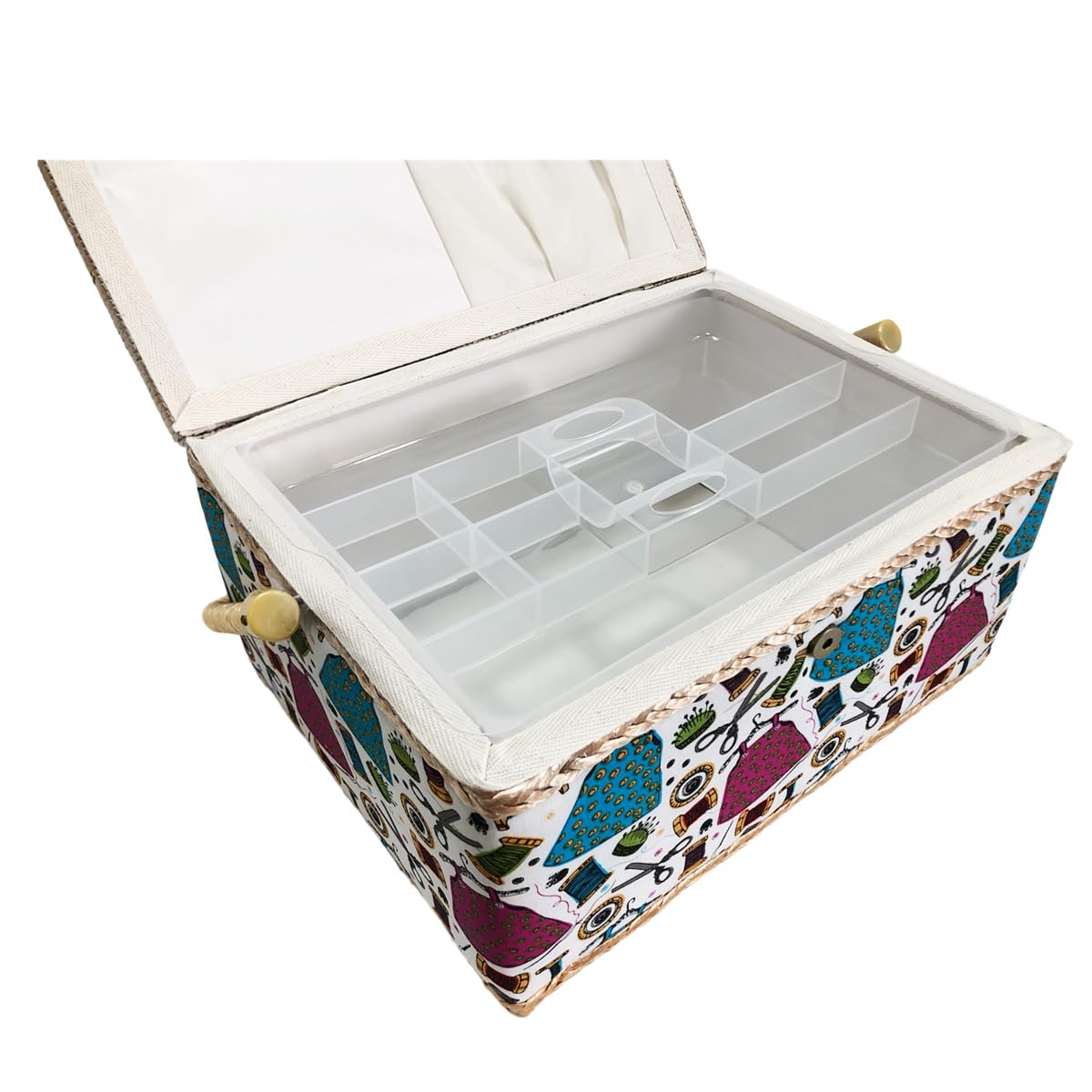 Medium Empty Wooden Sewing Box, Fabric Lined Sewing Box with 4 Compartments, Organizer with Pin, Storage Box with Handle, Accessory Tray, (Medium, Threads) - Image 2