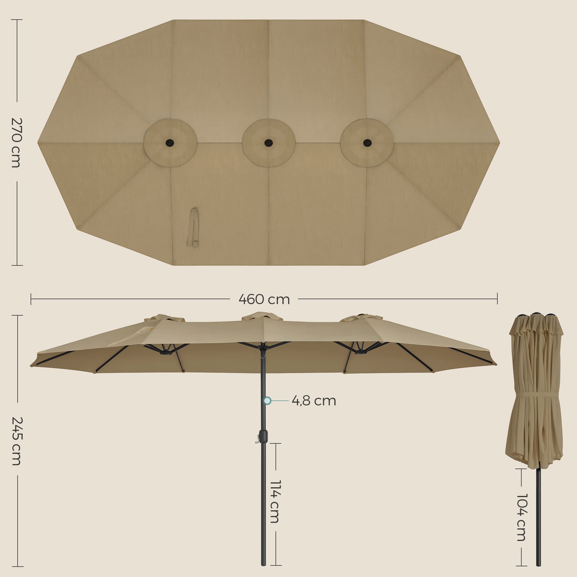 SONGMICS Ombrellone Doppio da Giardino, Parasole di 460 x 270 cm, Extra Grande, UPF50+, con Manovella, per Mercato Esterno Terrazzo, Base non Inclusa, Tortora GPU36BR