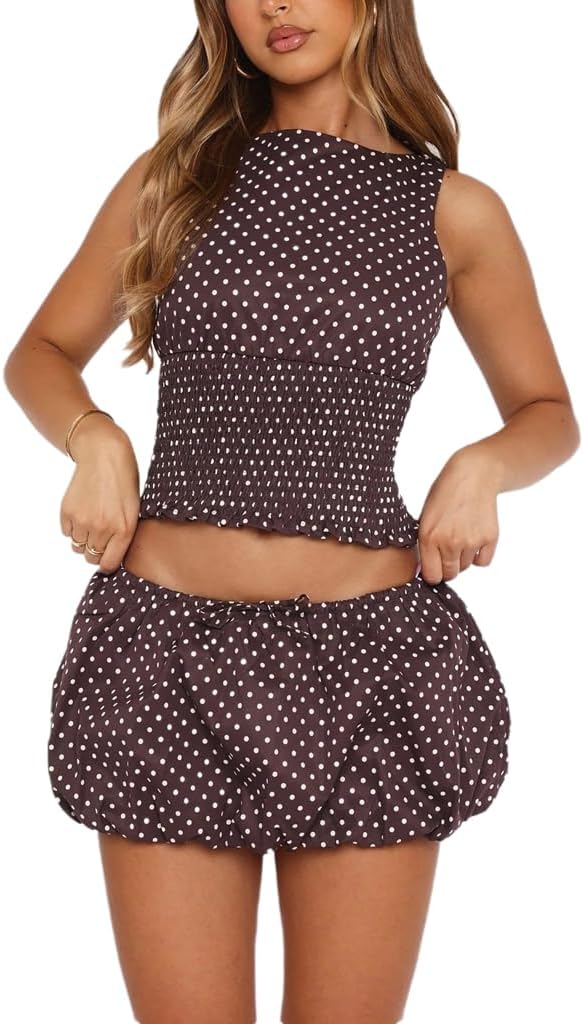 THLAI Women Summer 2 Piece Outfits Polka Dot Skirt Sets Backless Crop Top and Bubble Pleated Mini Skirt Y2k Vintage Outfits