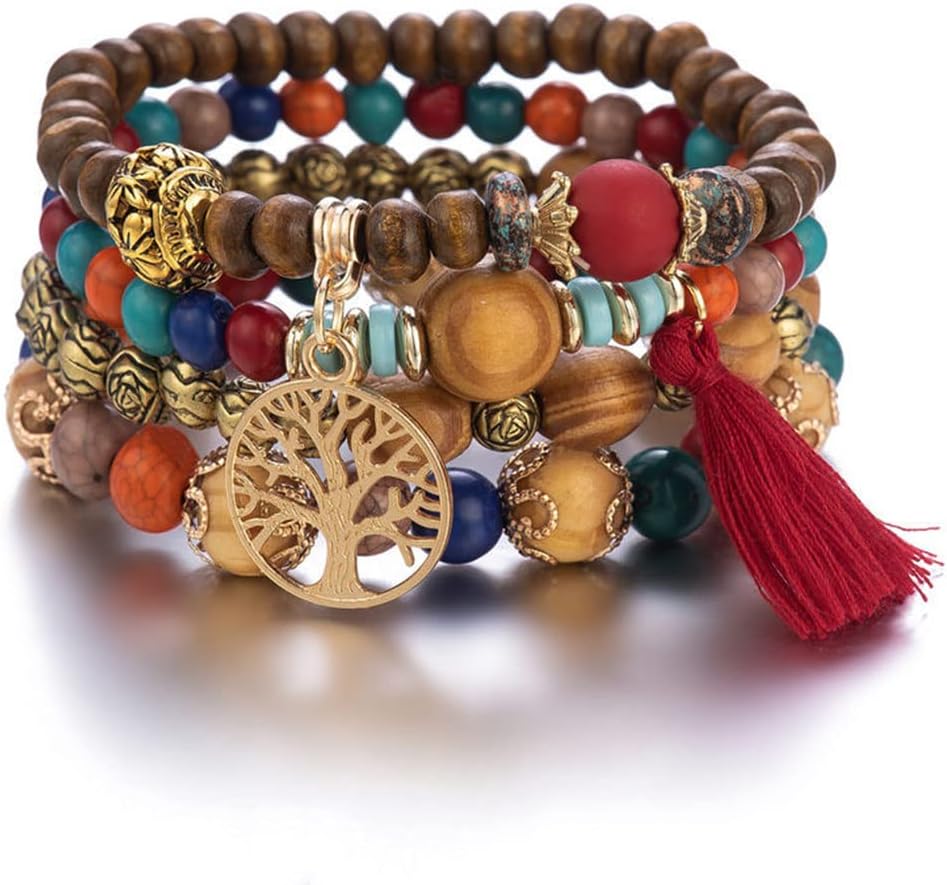 Bohemian Wood Beaded Bracelets for Women Multilayer Stretch Tassel Bracelets Set Tree of Life Charm Love Statement Bangles for Girls