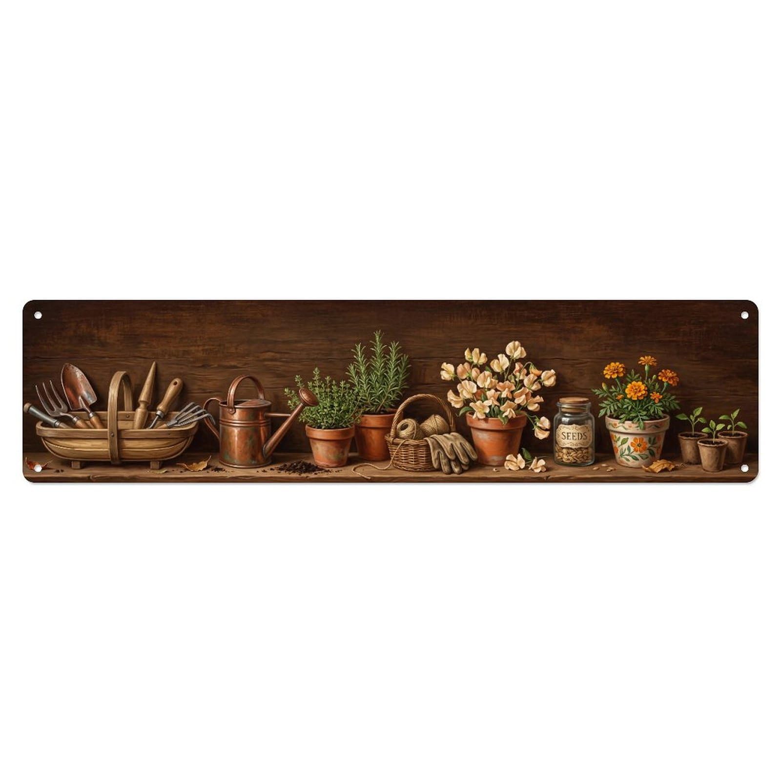 Fqnyr Style Metal Tin Sign Floral Garden Tools Vintage Trug Tools Pattern Print