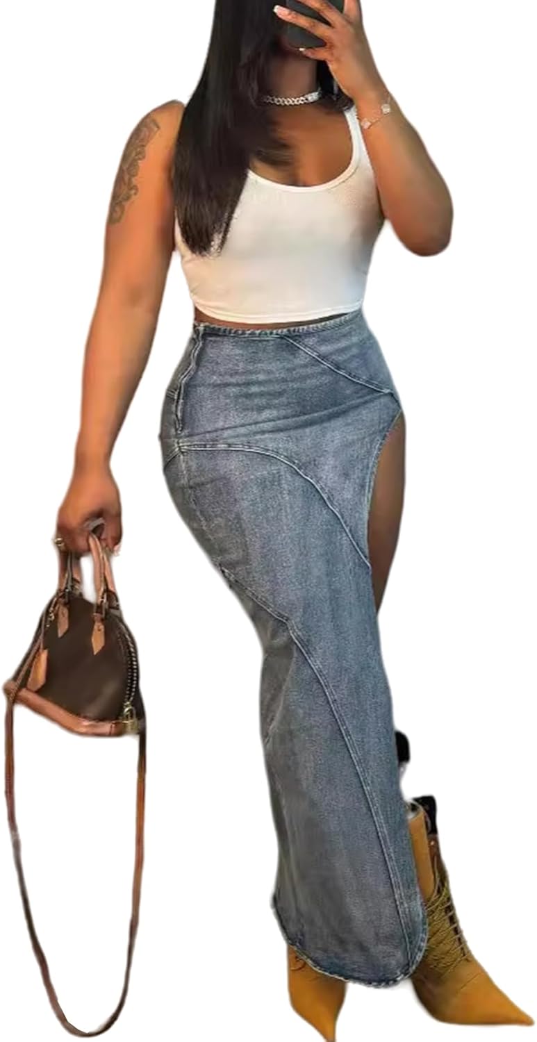 Molisry Women’s High Split Denim Maxi Skirt Frayed High Waisted Sexy Summer Irregular Jeans Skirt Streetwear